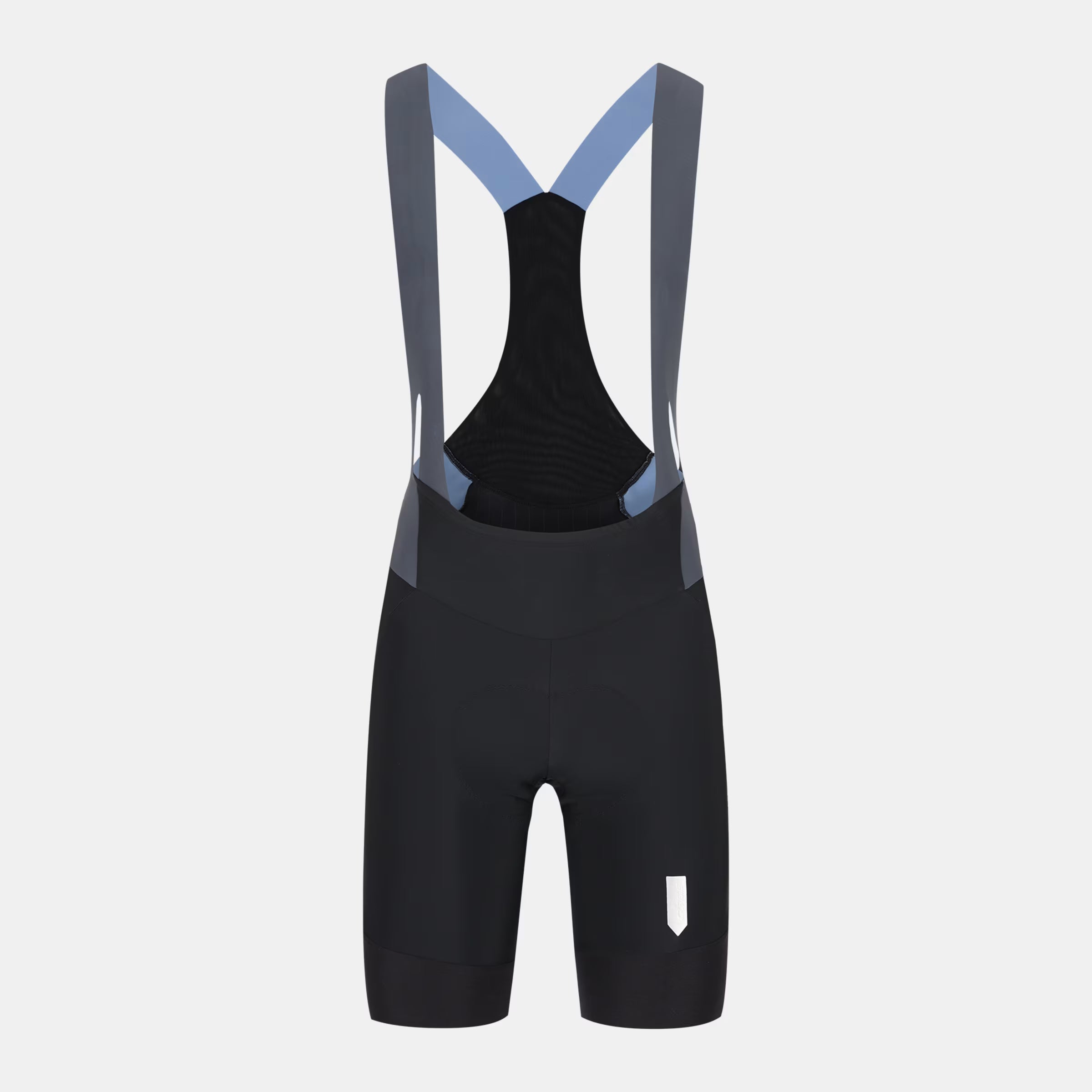 Q36.5 Gregarius Pro Bib Shorts - Women's - Ultra Black showing front view with blue straps and sleek panel design