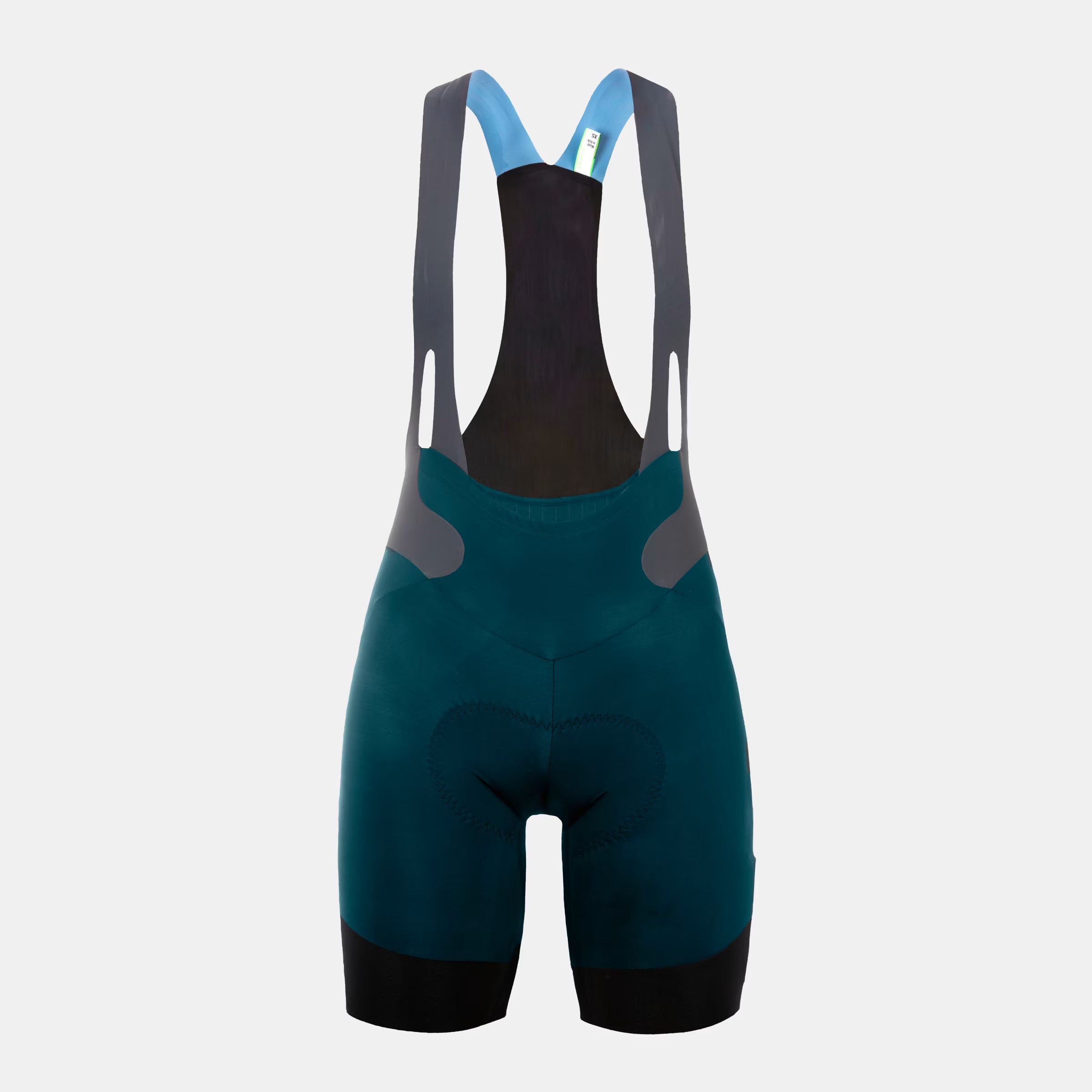 Q36.5 Gregarius Pro Bib Shorts - Women's - Australian Green shown from front with contrasting black and blue straps and padded seat