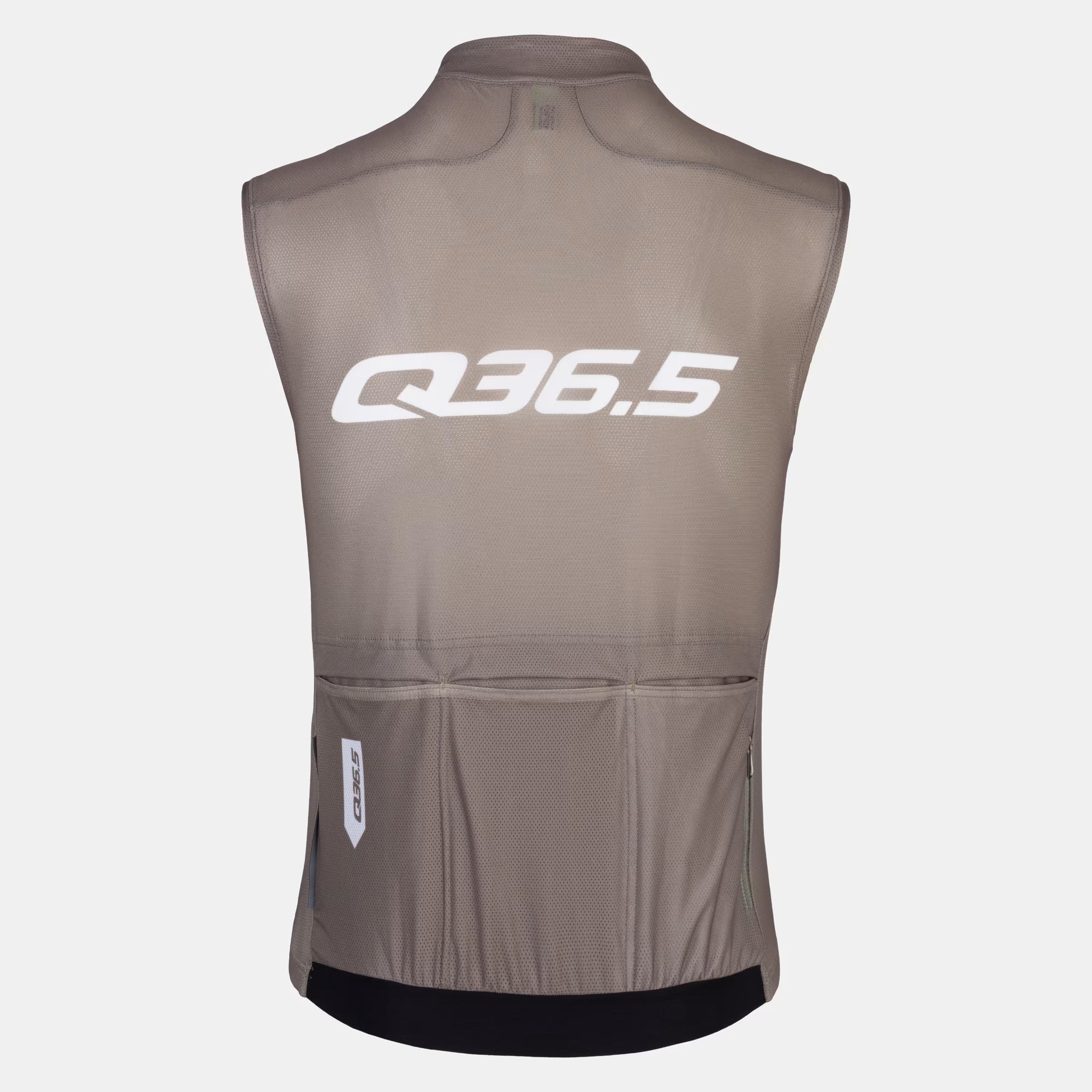 Back view of Q36.5 Gregarius Signature Sleeveless Jersey - Men's - Olive Green with three rear pockets and white logo print