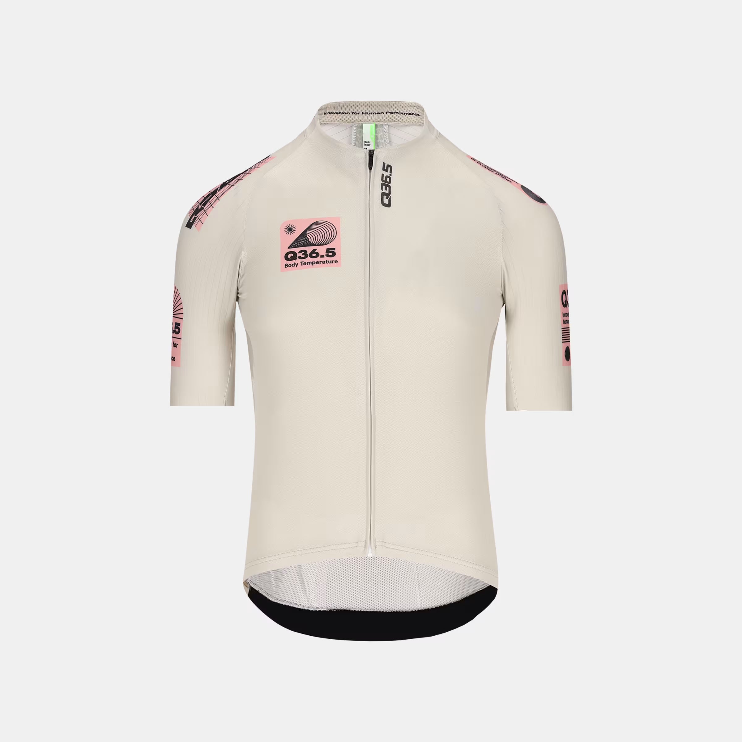 Q36.5 Gregarius Pro Retrofuture Jersey - Men's - Retrofuture front view with full zipper and retro graphic details on beige fabric