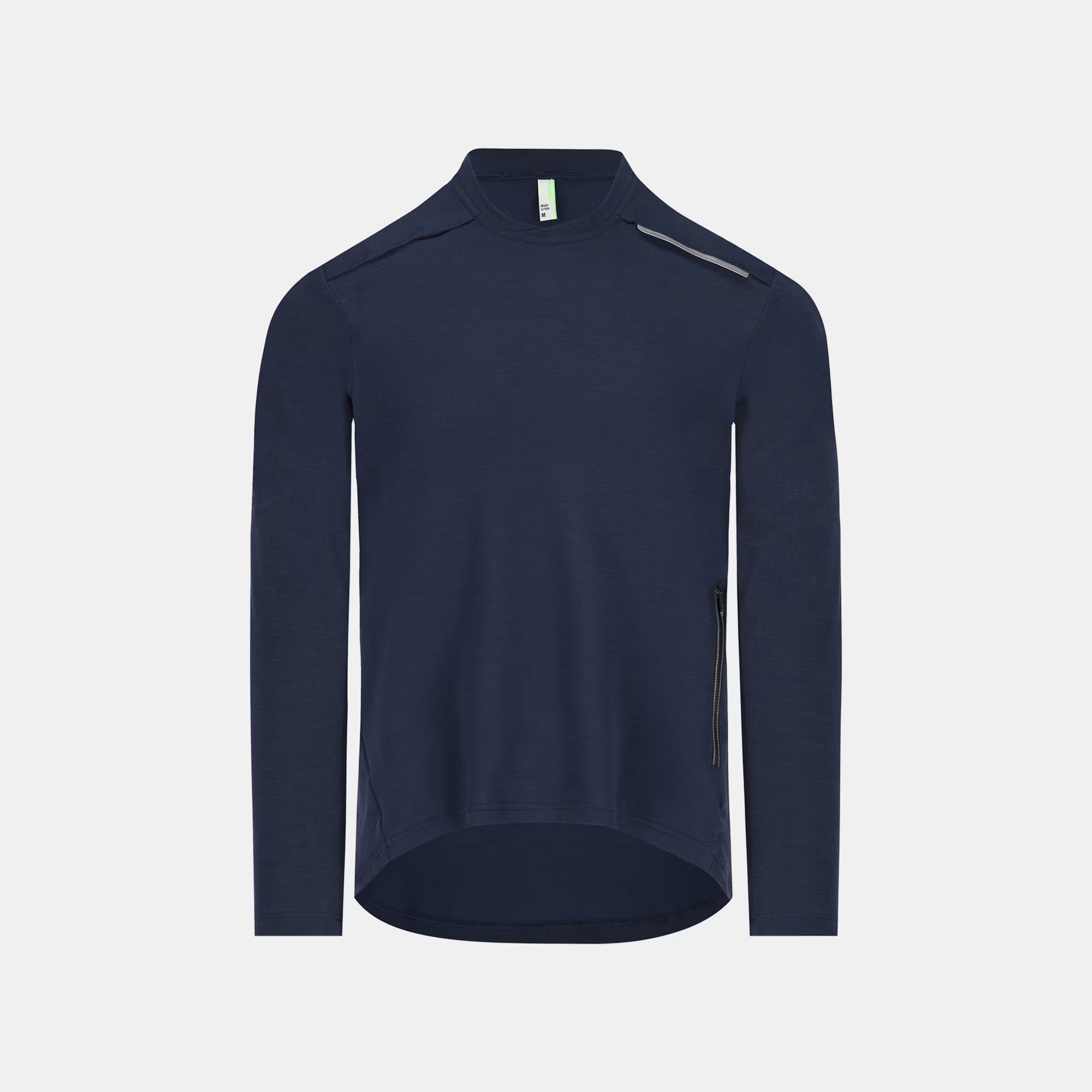 Q36.5 Adventure Tech T-shirt Long Sleeve - Men's - Navy Blue with high collar and side zipper pocket displayed on white background