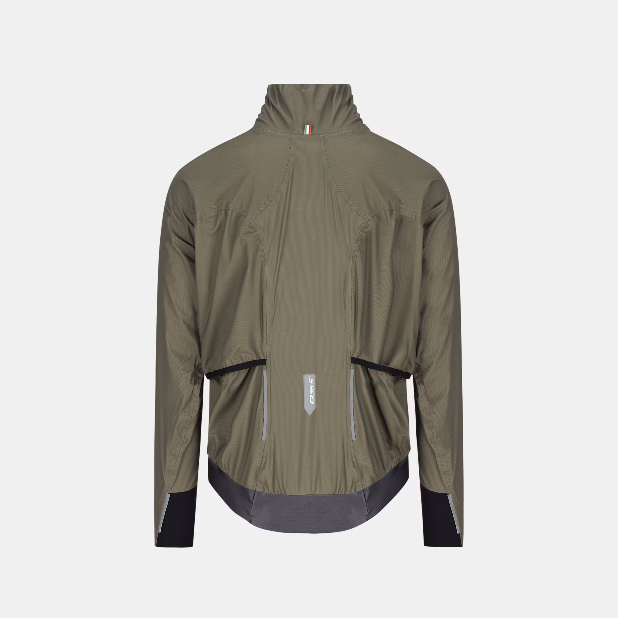 Back view of Q36.5 Rain Shell Jacket - Unisex - Olive Green with reflective details and extended hem for weather protection