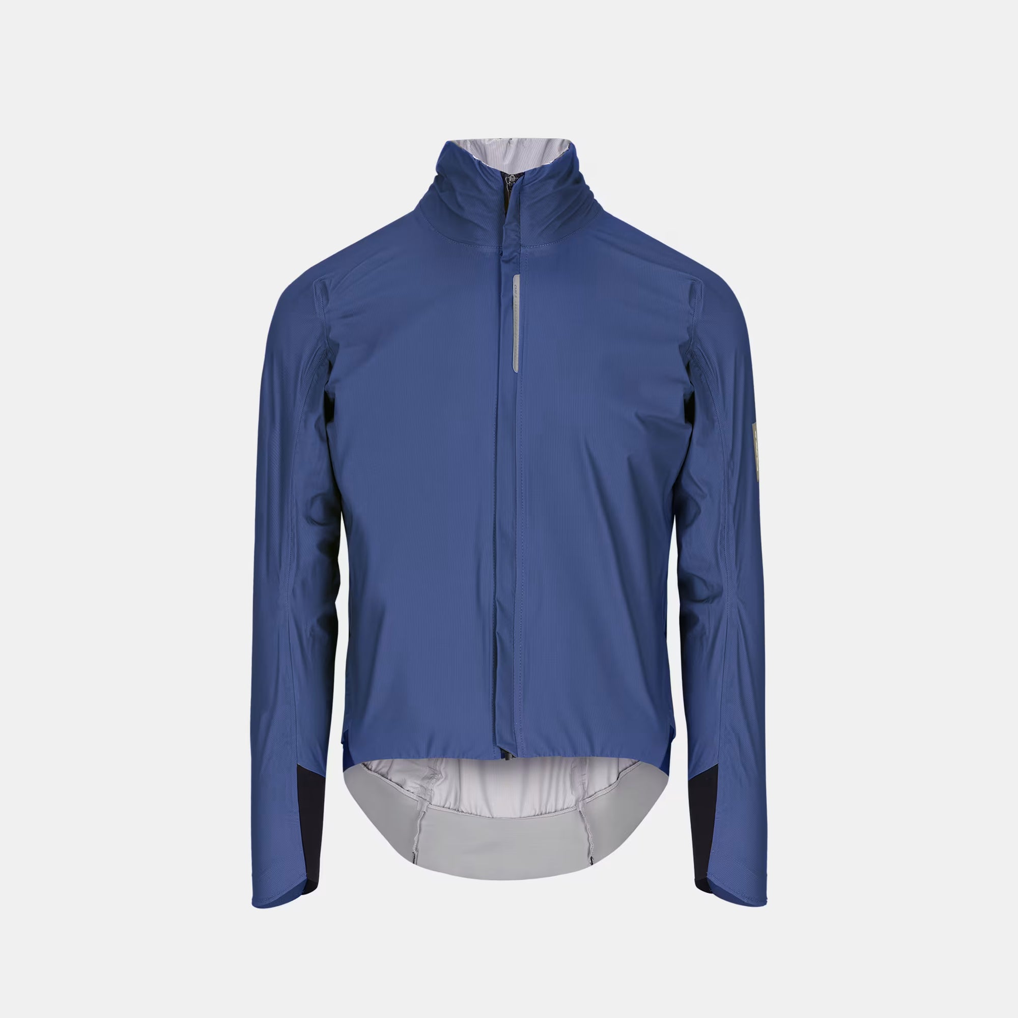 Front view of Q36.5 Rain Shell Jacket - Unisex - Navy Blue with high collar and full zipper closure against white background