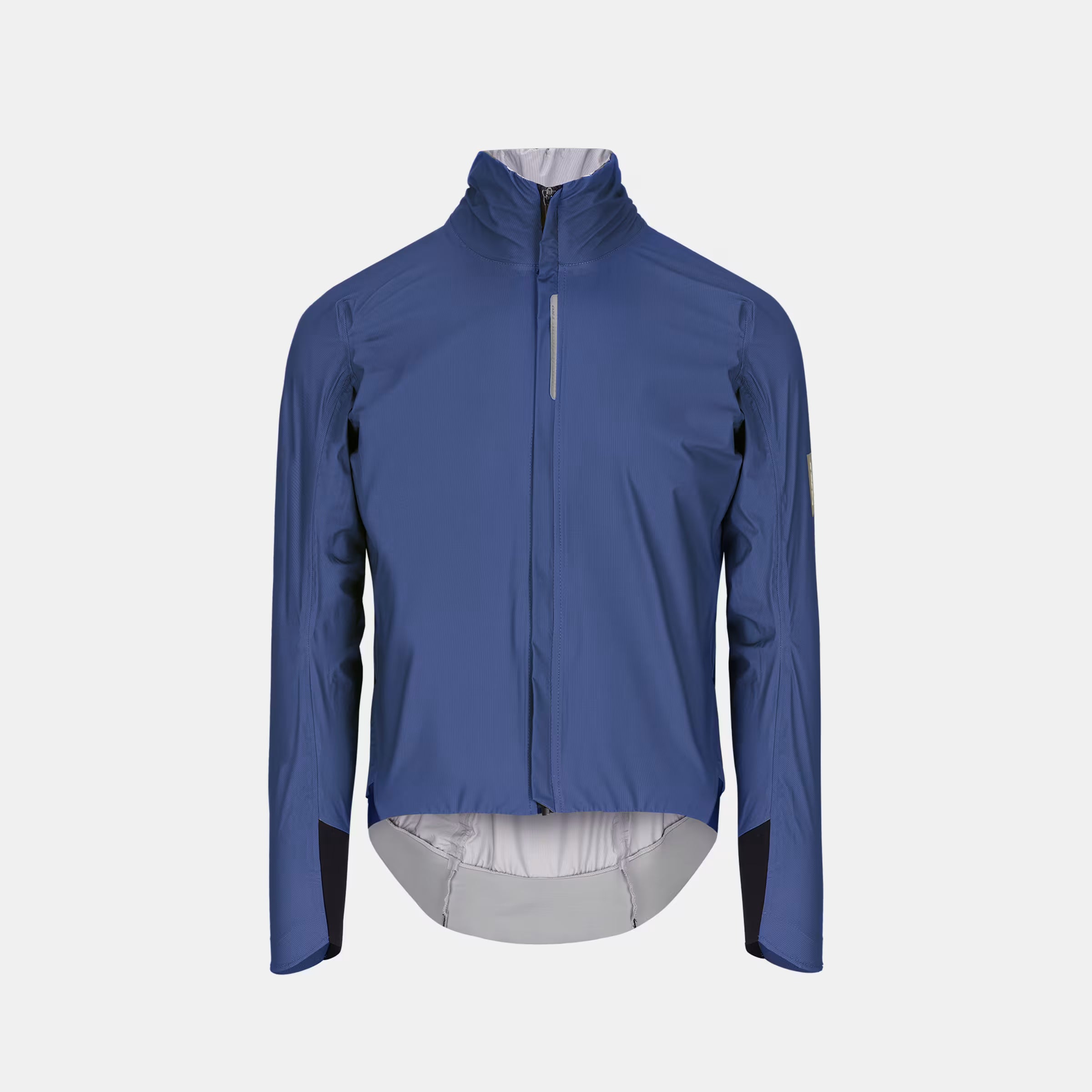 Front view of Q36.5 Rain Shell Jacket - Unisex - Navy Blue with high collar and full zipper closure against white background