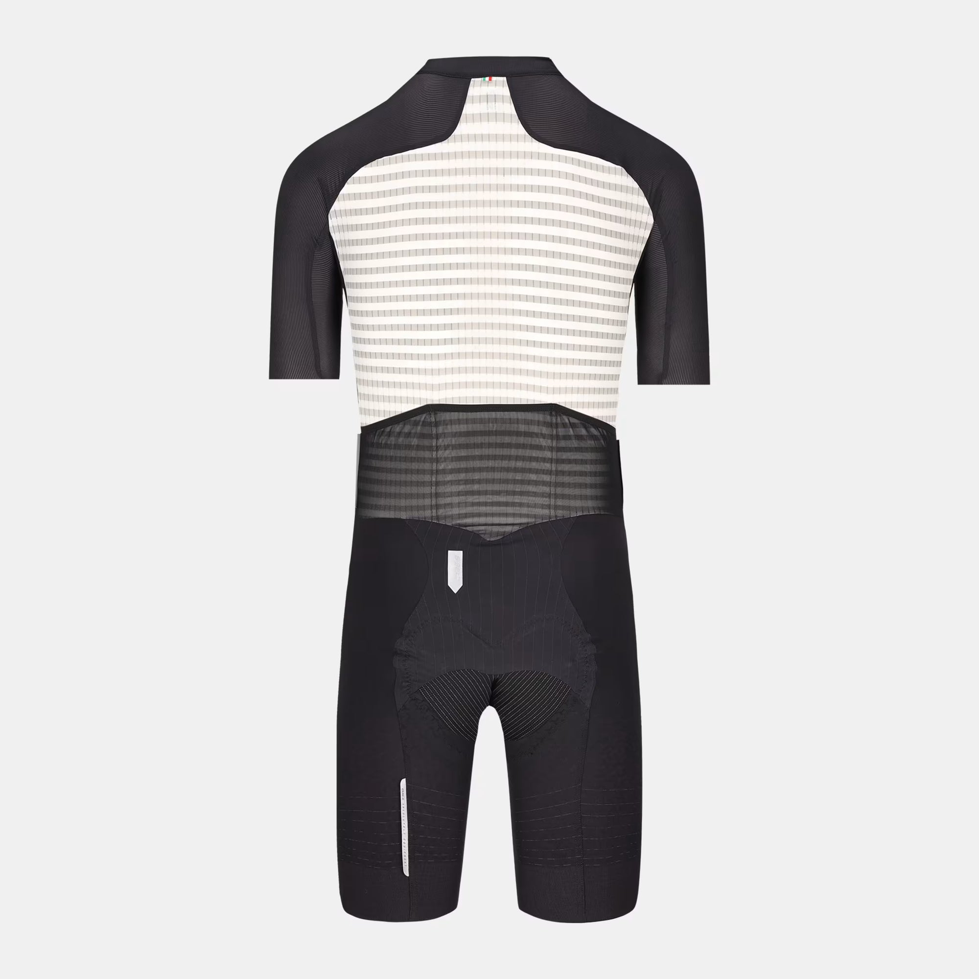 Back view of Q36.5 Dottore Clima Road Skinsuit - Black with contrasting mesh panels and aerodynamic fit