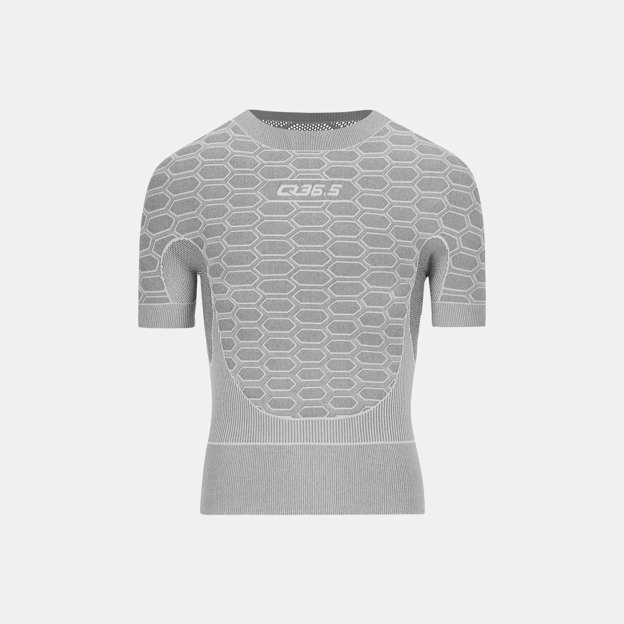 Q36.5 Base Layer 2 Short Sleeve - Olive Green shown front view with seamless hex pattern and fitted short sleeves