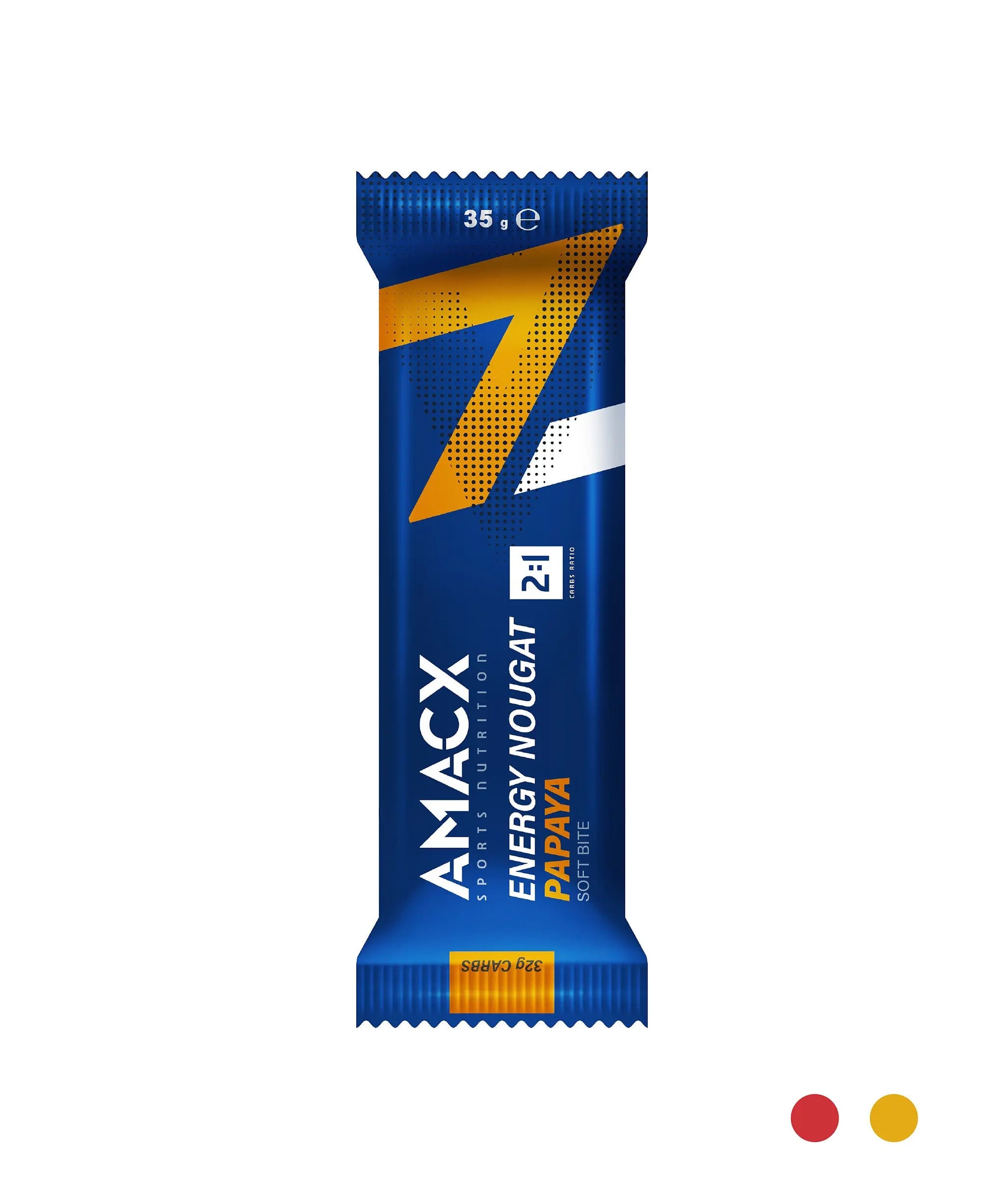 Energy Nougat Papaya | 12 pack showing single bar with bold blue and orange packaging in portrait format
