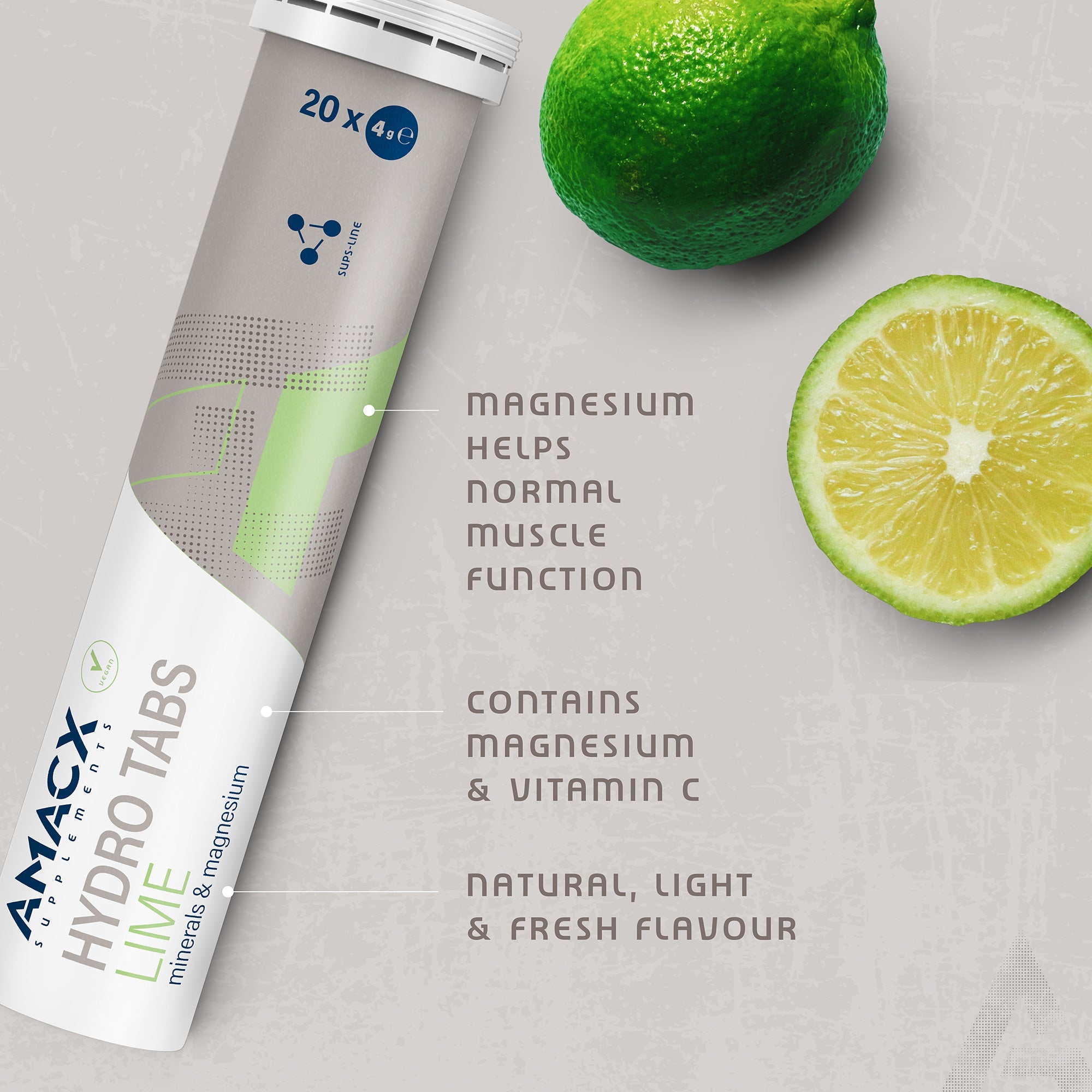 Amacx Hydro Tabs Lime container with fresh lime and text highlighting magnesium benefits and natural flavor
