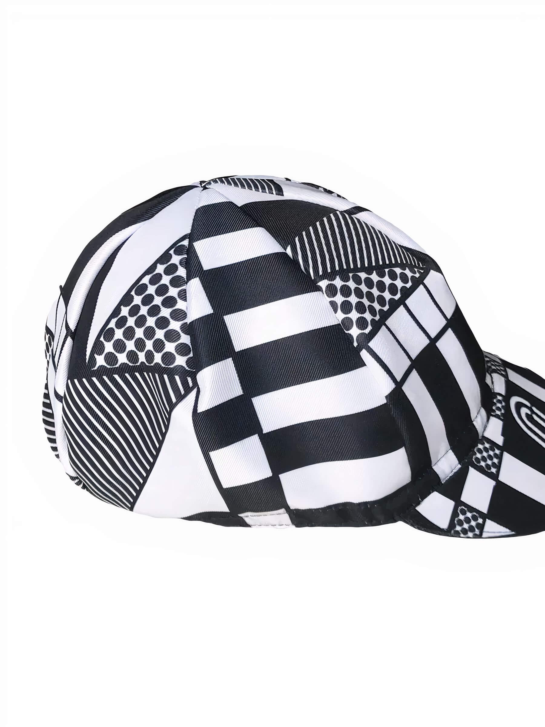 Side view of Ostroy Letraset Cap featuring black and white geometric mid-century design patterns on cycling cap