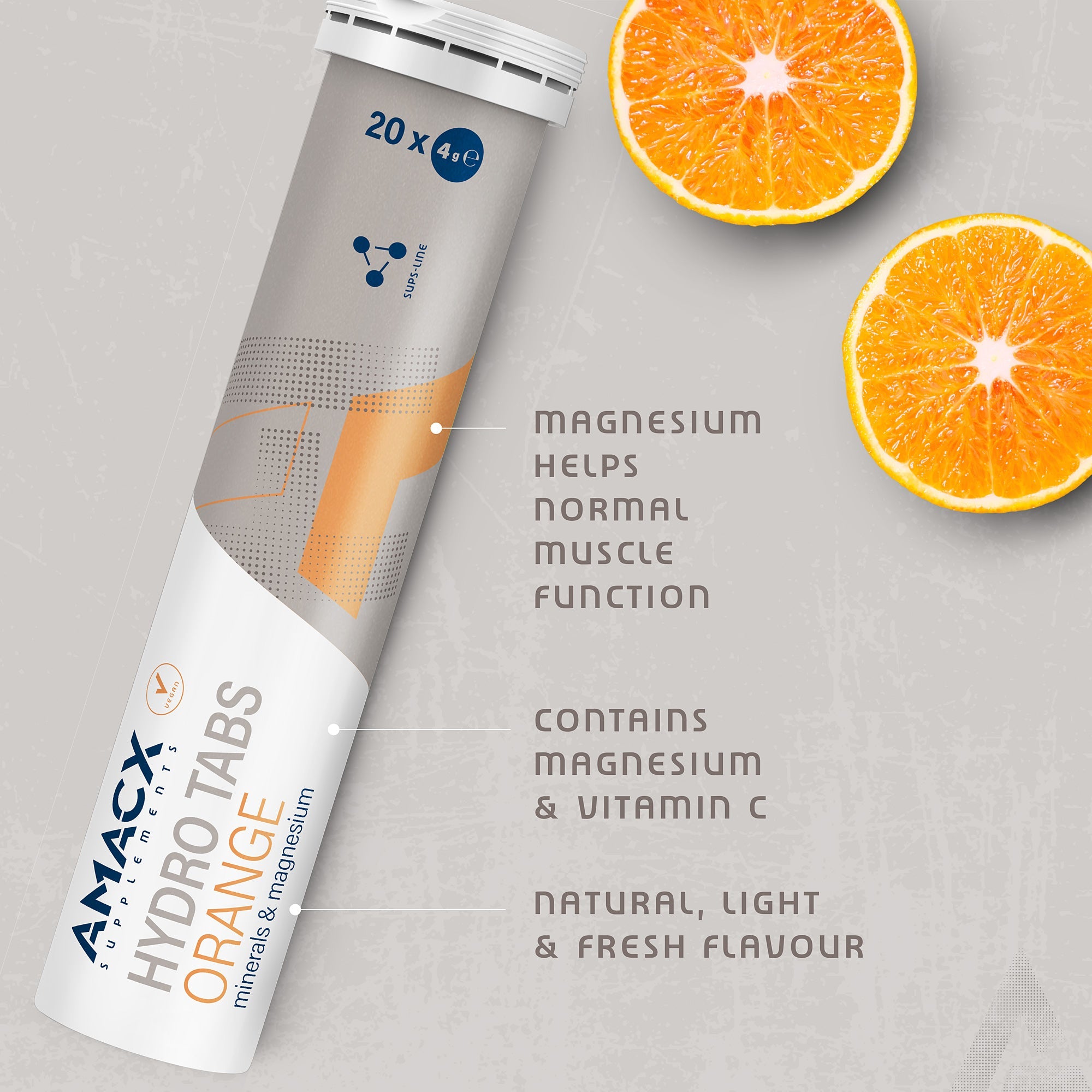 Amacx Hydro Tabs Orange tube with sliced oranges showing natural fresh flavor and magnesium benefits