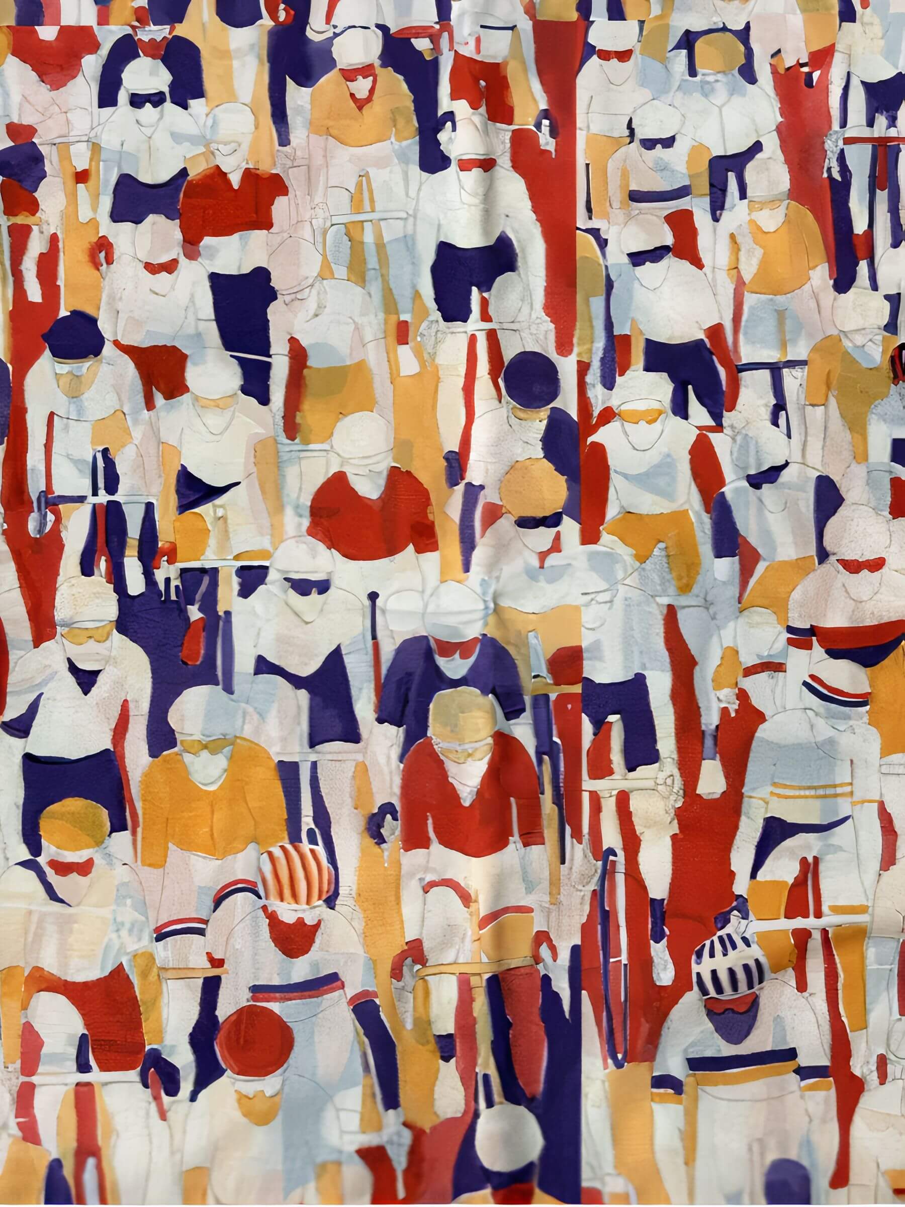 Colorful abstract painting of cyclists riding closely together in varied jerseys and helmets on bikes