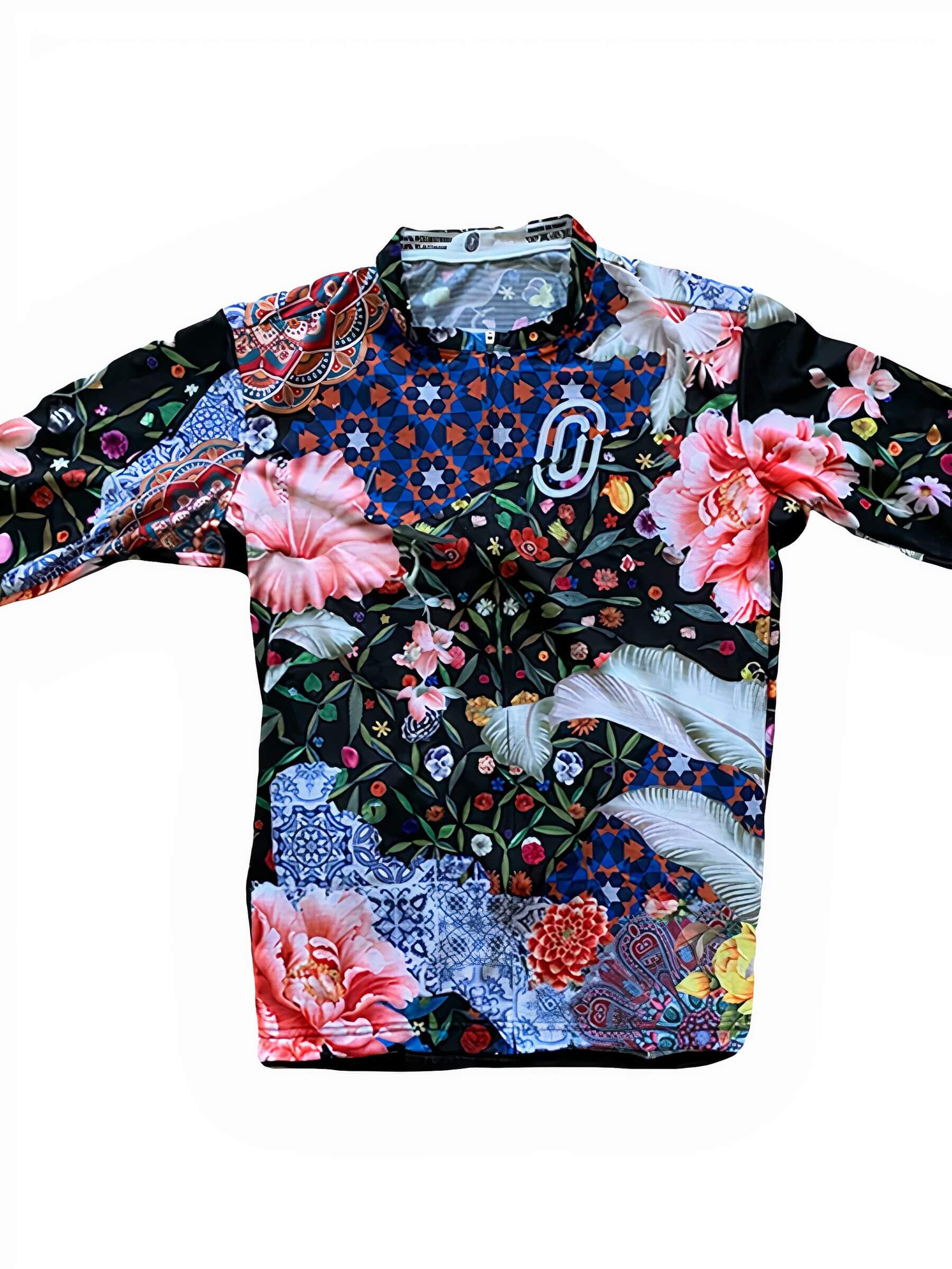 Ostroy Omloop Jersey - Men's with vibrant floral and geometric patterns inspired by Flanders cycling culture on white background
