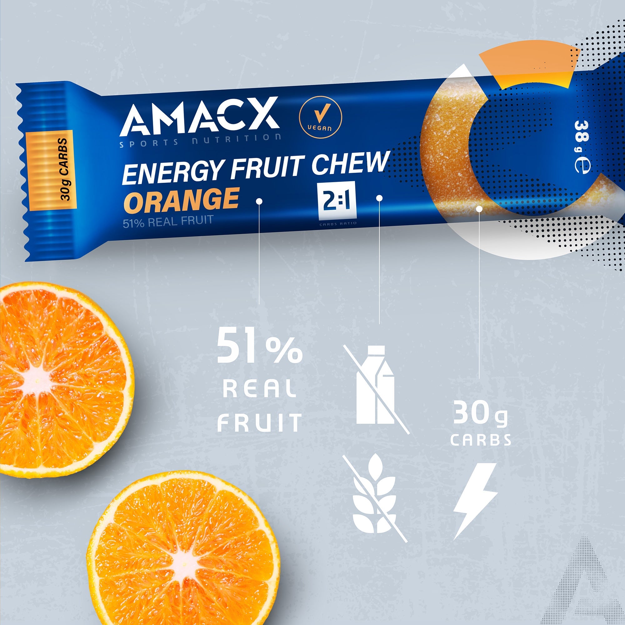 Amacx Energy Fruit Chew Orange bar with fresh orange slices highlighting 51% real fruit and 30g carbs content.