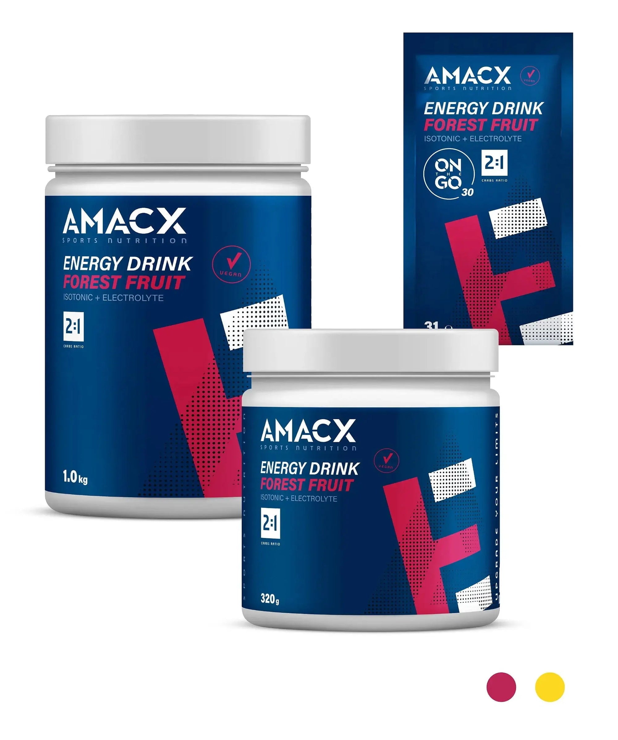 Amacx Energy Drink | 1.0 kg container with forest fruit flavor and smaller blue packaging on white background