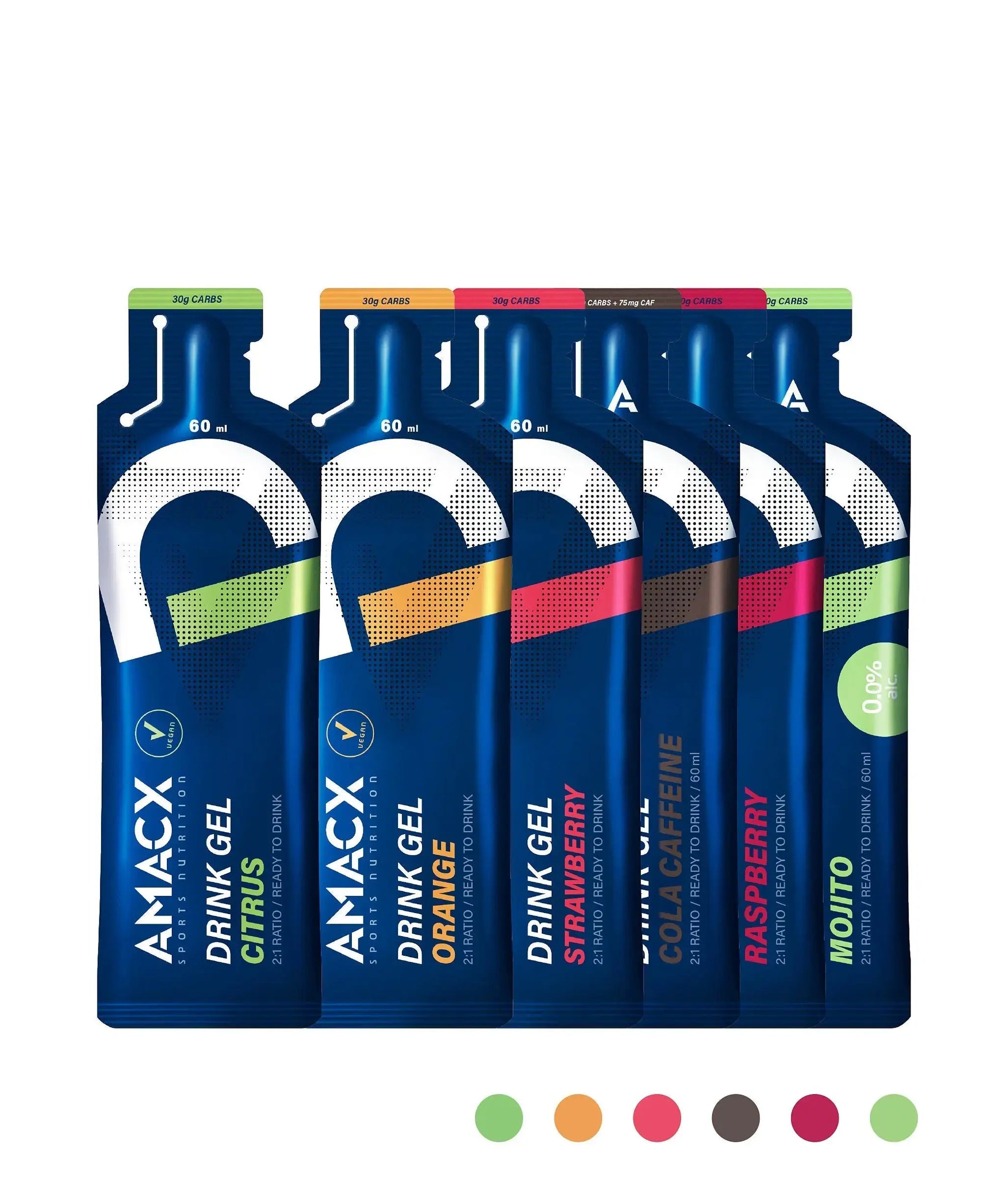 Drink Gel Raspberry | 12-pack shown as the fifth item in a lineup of varied flavored sports gel pouches in portrait orientation.
