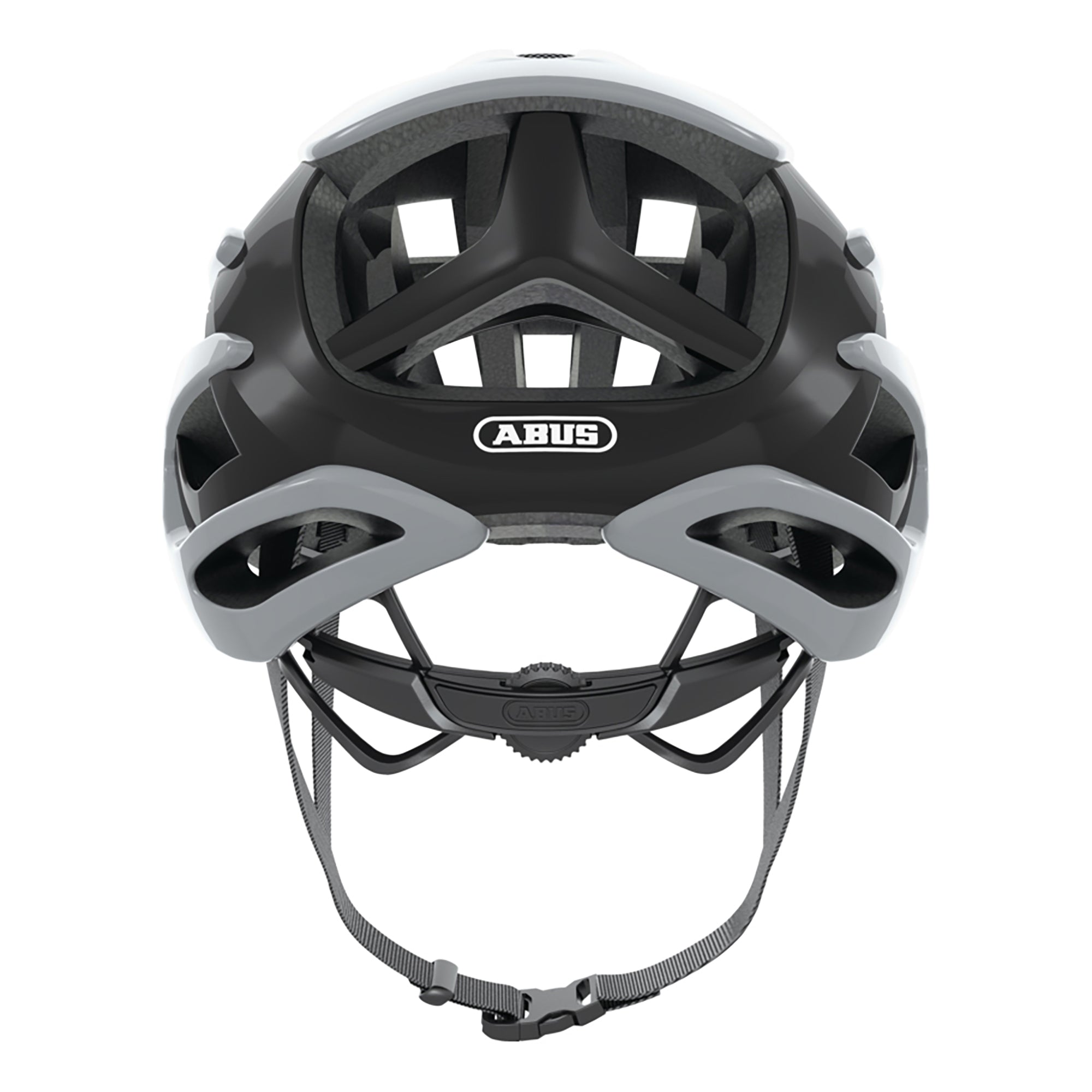 Rear view of ABUS AirBreaker Helmet showing ventilation holes, adjustable straps, and secure fit system