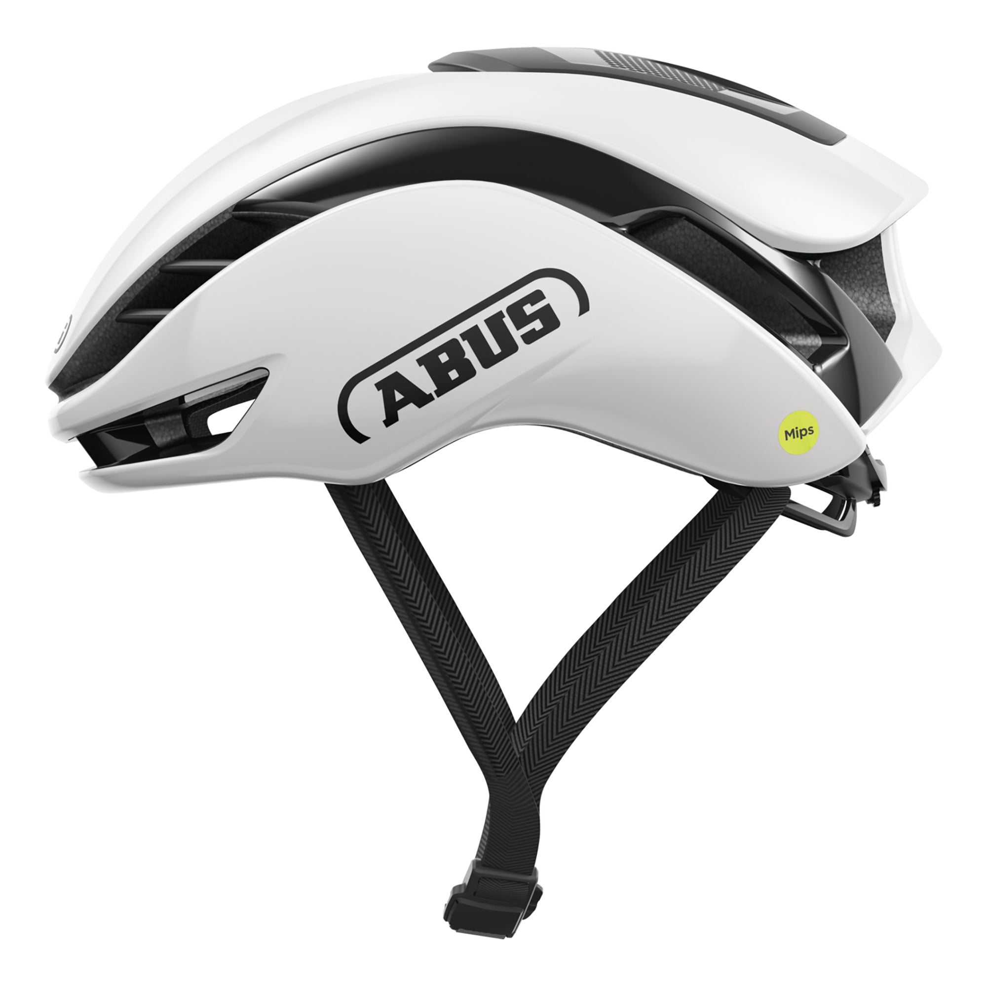 Side view of ABUS GameChanger 2.0 MIPS Helmet in white with aerodynamic design and black adjustable straps