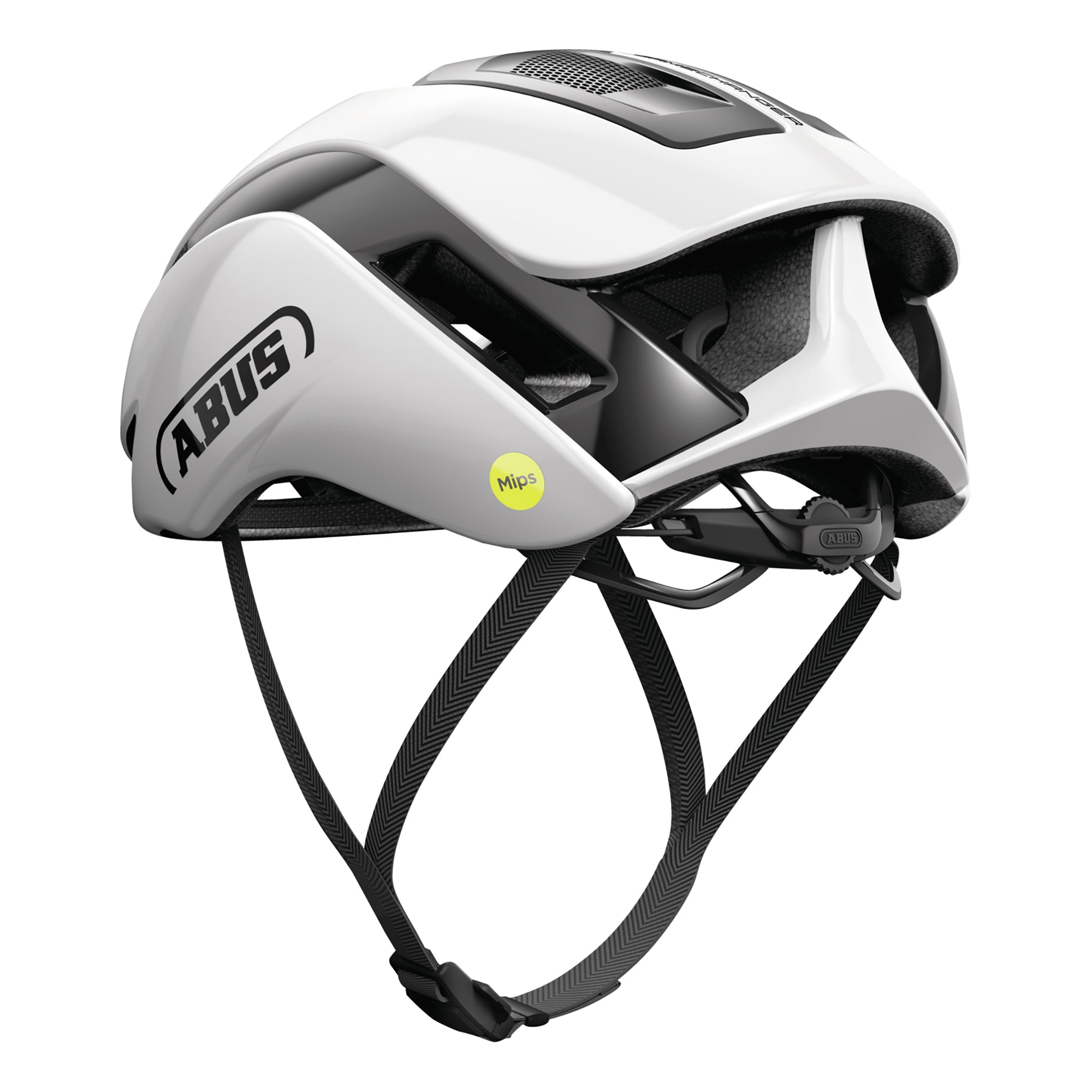 ABUS GameChanger 2.0 MIPS Helmet in white with aerodynamic design and adjustable straps for cycling safety and comfort