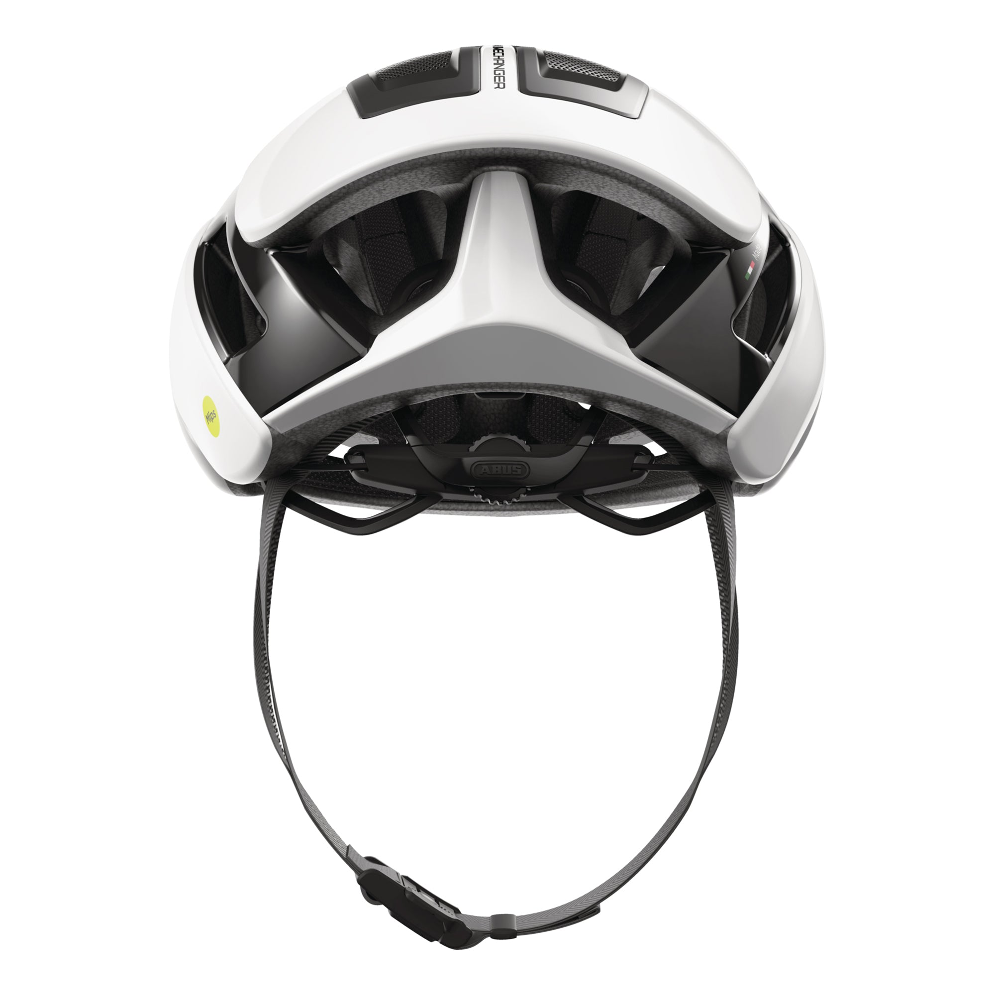 Top view of white ABUS GameChanger 2.0 MIPS Helmet showing aerodynamic design and adjustable straps