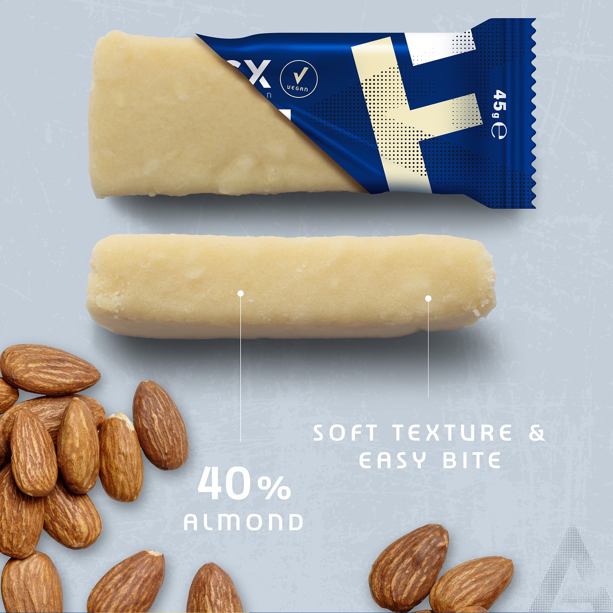 Amacx Fast Bar Vanilla partially unwrapped showing soft texture and almonds on gray background with almond details.