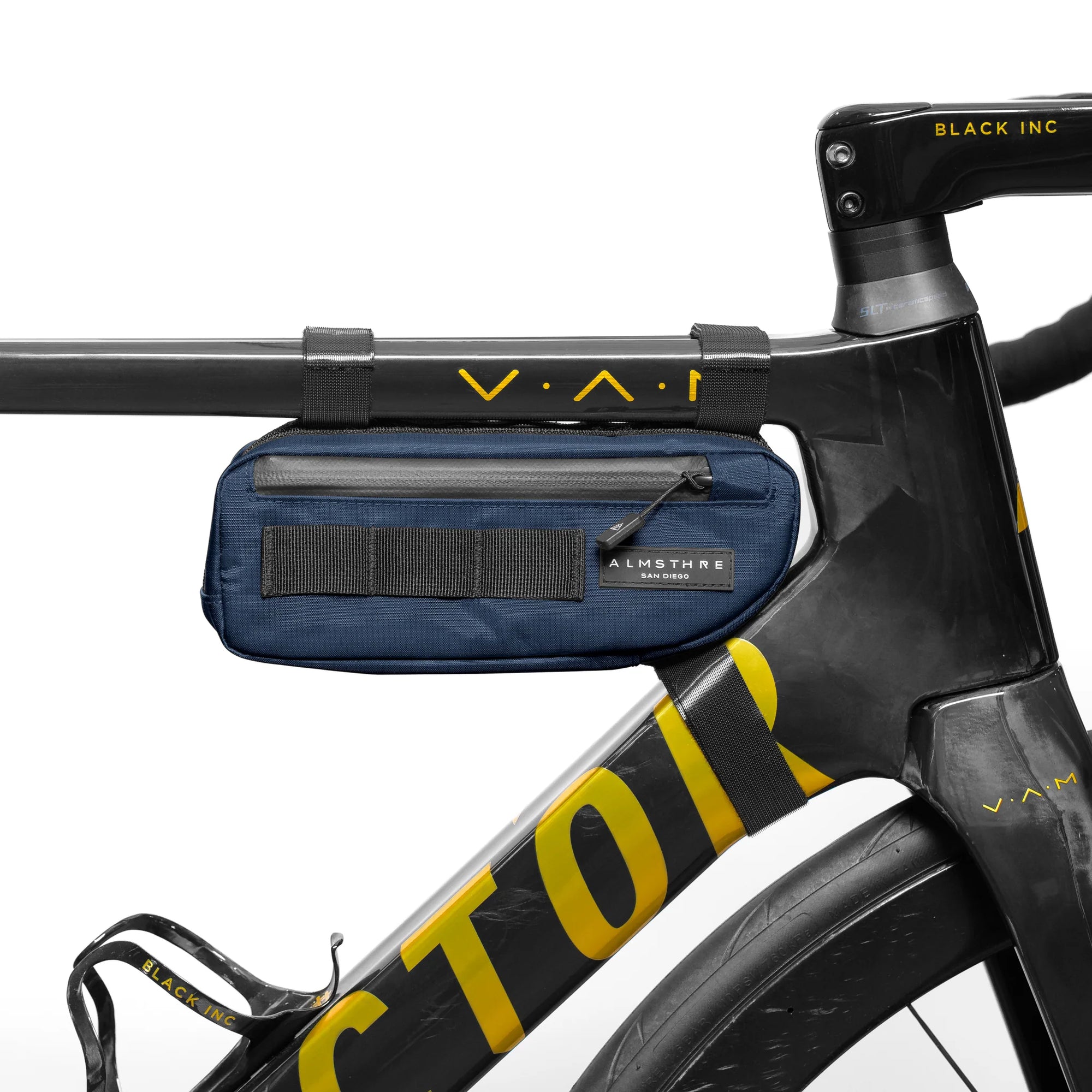 ALMSTHRE Compact Frame Bag mounted on black and yellow bike frame with top zipper and attachment straps visible