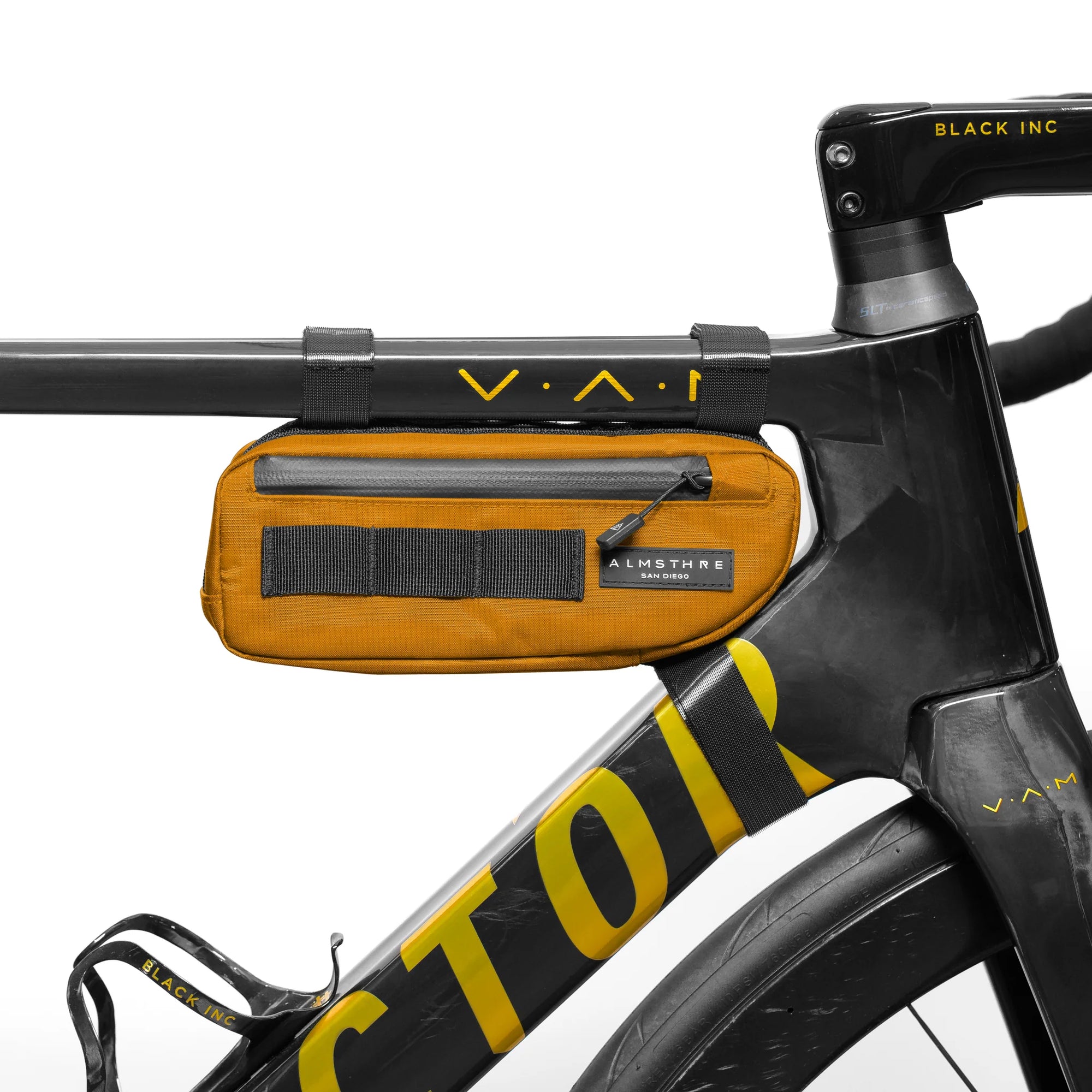 ALMSTHRE Compact Frame Bag mounted on black and yellow bike frame with top and side straps and zippered pocket