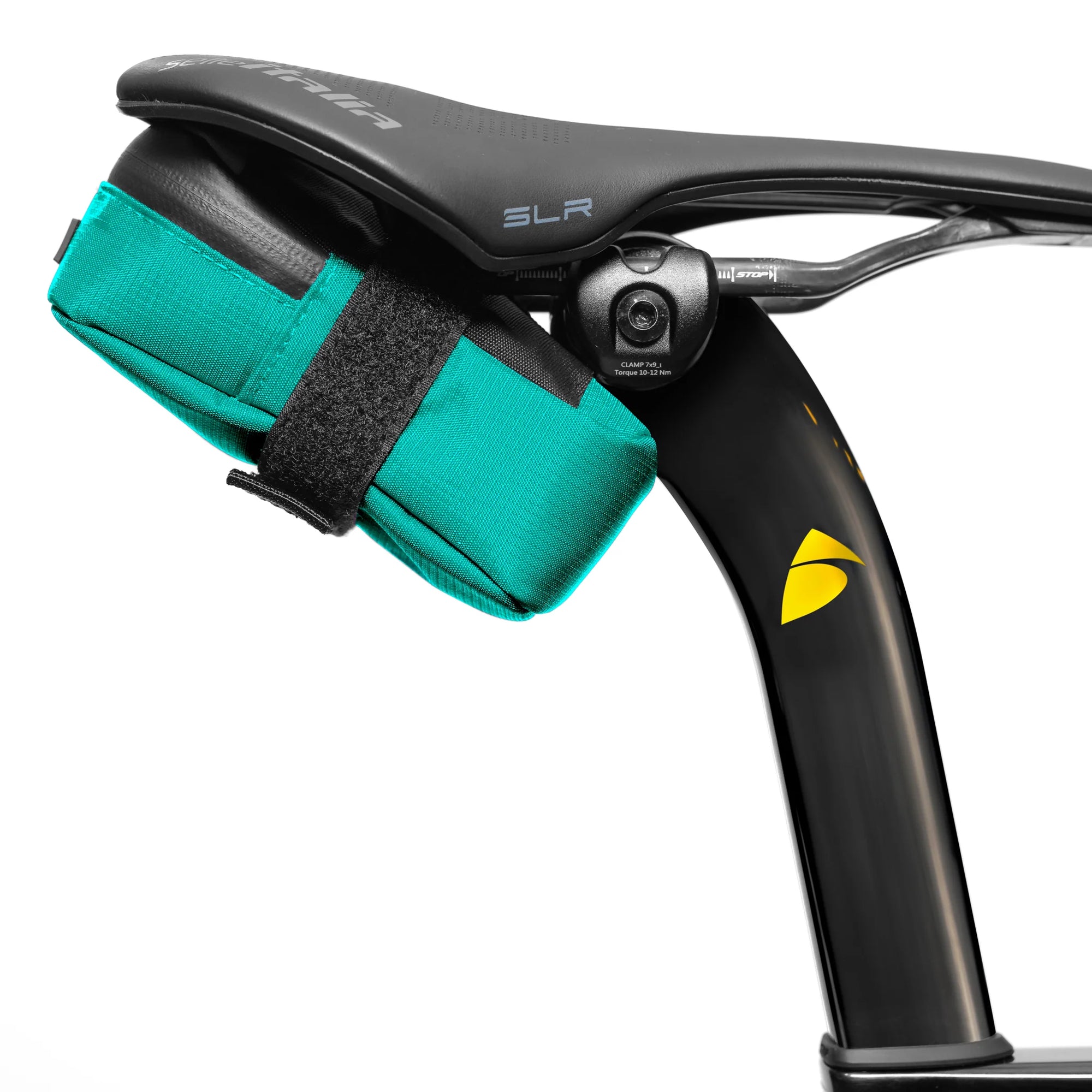 ALMSTHRE Signature Saddle Bag in teal mounted under bike seat with adjustable strap for secure fit