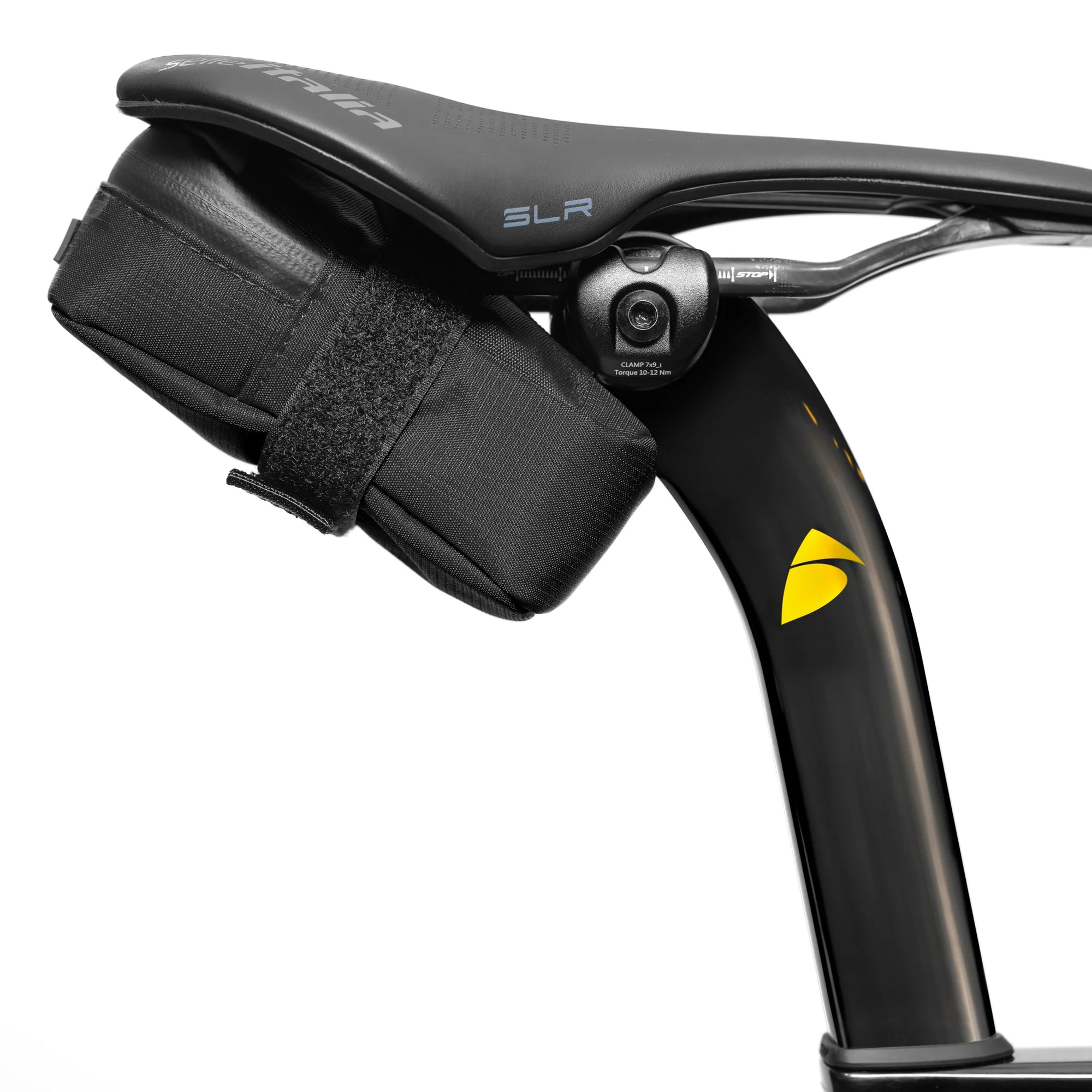 Close-up of ALMSTHRE Signature Saddle Bag mounted under bike seat showing secure fit and adjustable strap details