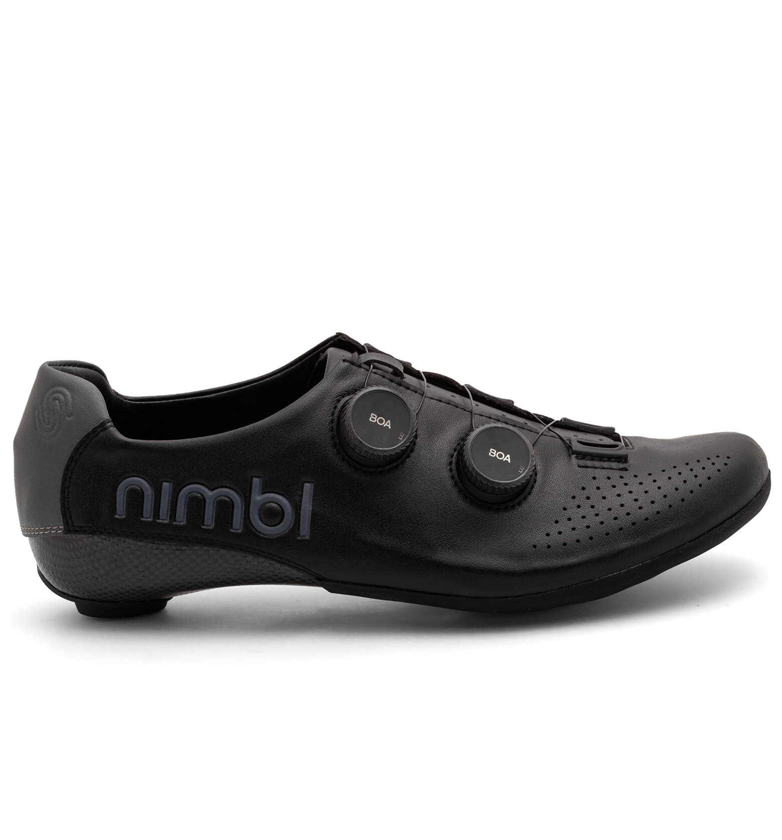 Side view of the black Nimbl EXCEED cycling shoe with dual BOA dials and perforated ventilation panels
