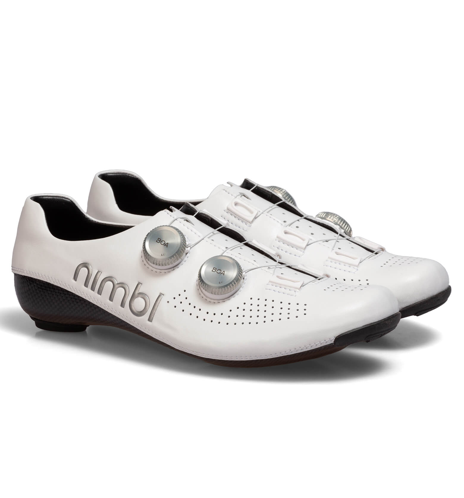 Pair of white Nimbl ULTIMATE cycling shoes with dual adjustment dials and perforated upper for ventilation