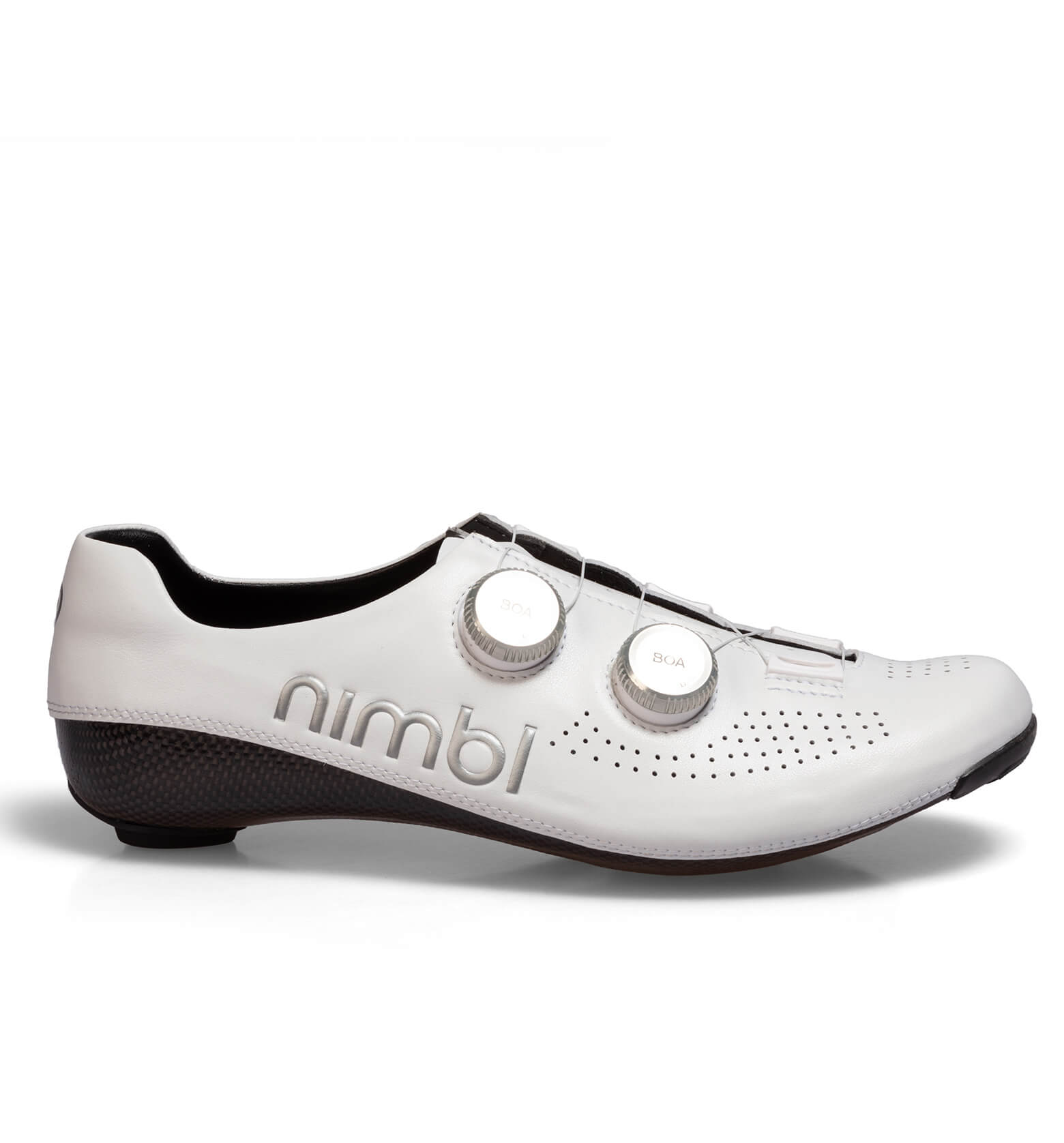 Side view of white Nimbl ULTIMATE cycling shoe with dual adjustment dials and perforated upper for ventilation