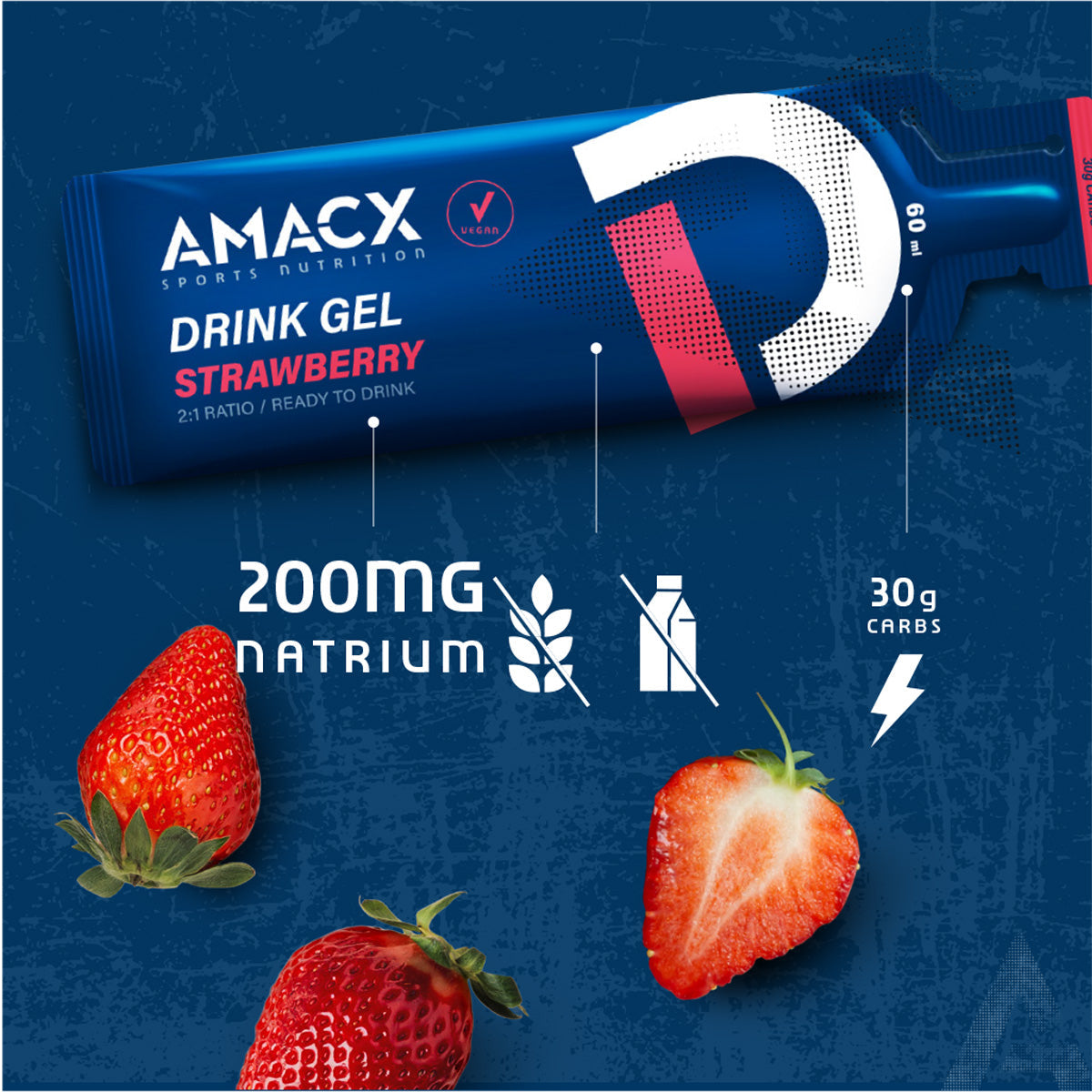 Amacx Drink Gel Strawberry energy gel pack with fresh strawberries on blue textured background