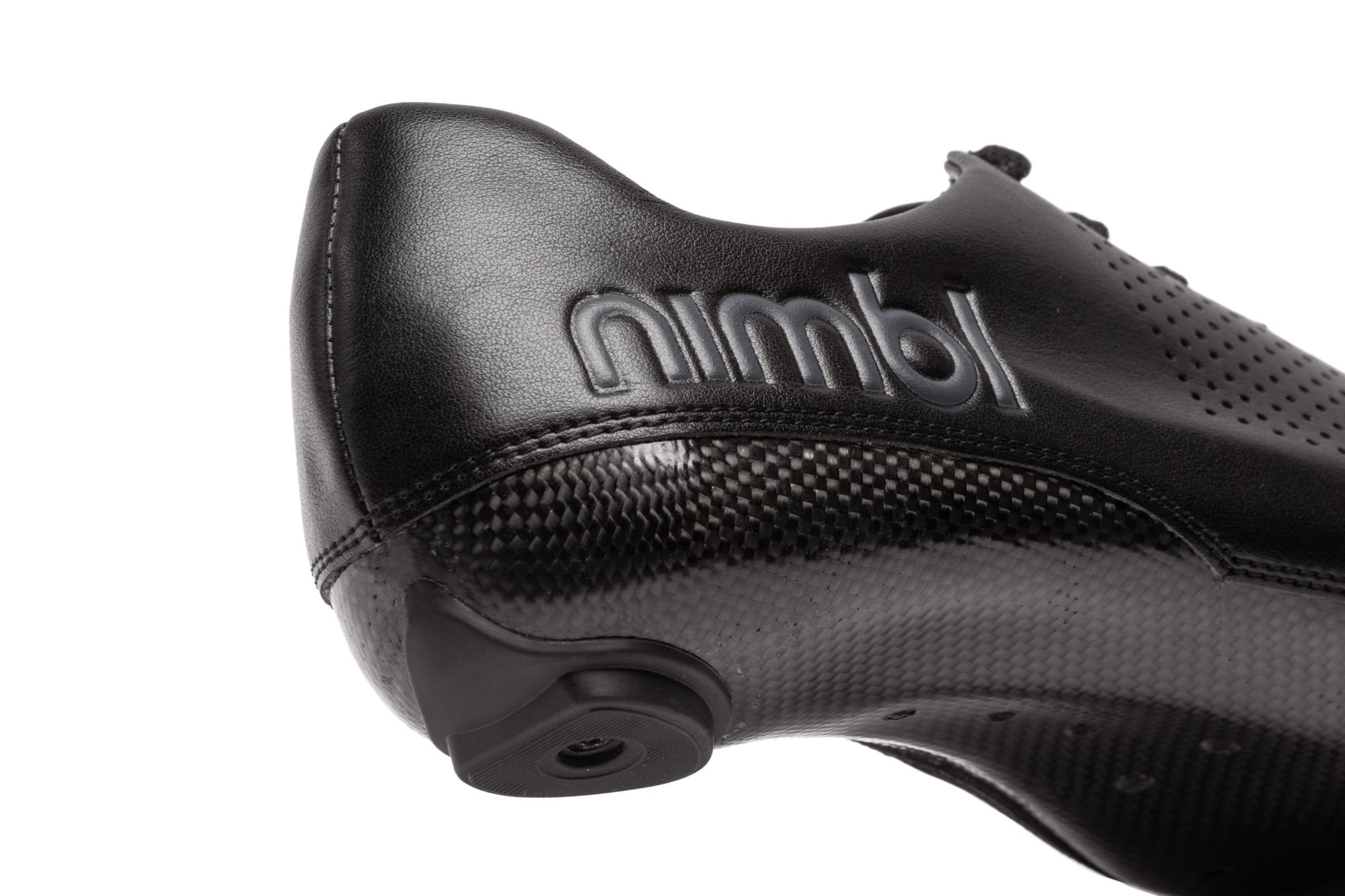 Close-up of Nimbl AIR cycling shoe heel showing embossed logo and carbon fiber sole detail in black finish