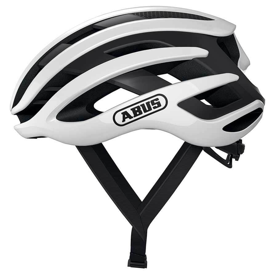 Side view of ABUS AirBreaker Helmet in white and black with ventilation slots and adjustable chin straps