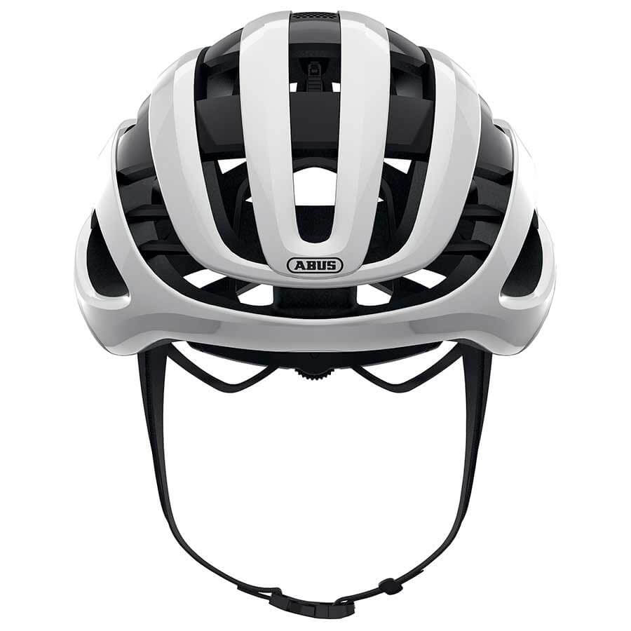 Front view of ABUS AirBreaker Helmet in white with aerodynamic vents and adjustable chin strap for cycling safety