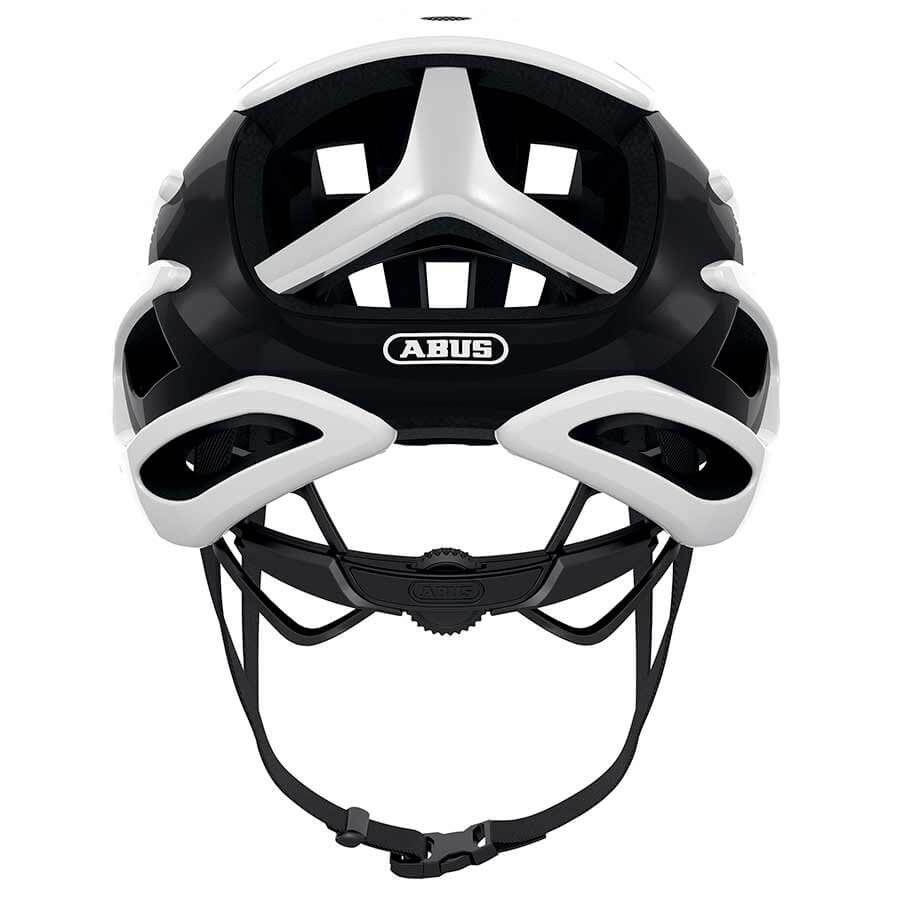 Front view of ABUS AirBreaker Helmet showing ventilation openings and adjustable chin strap in black and white design