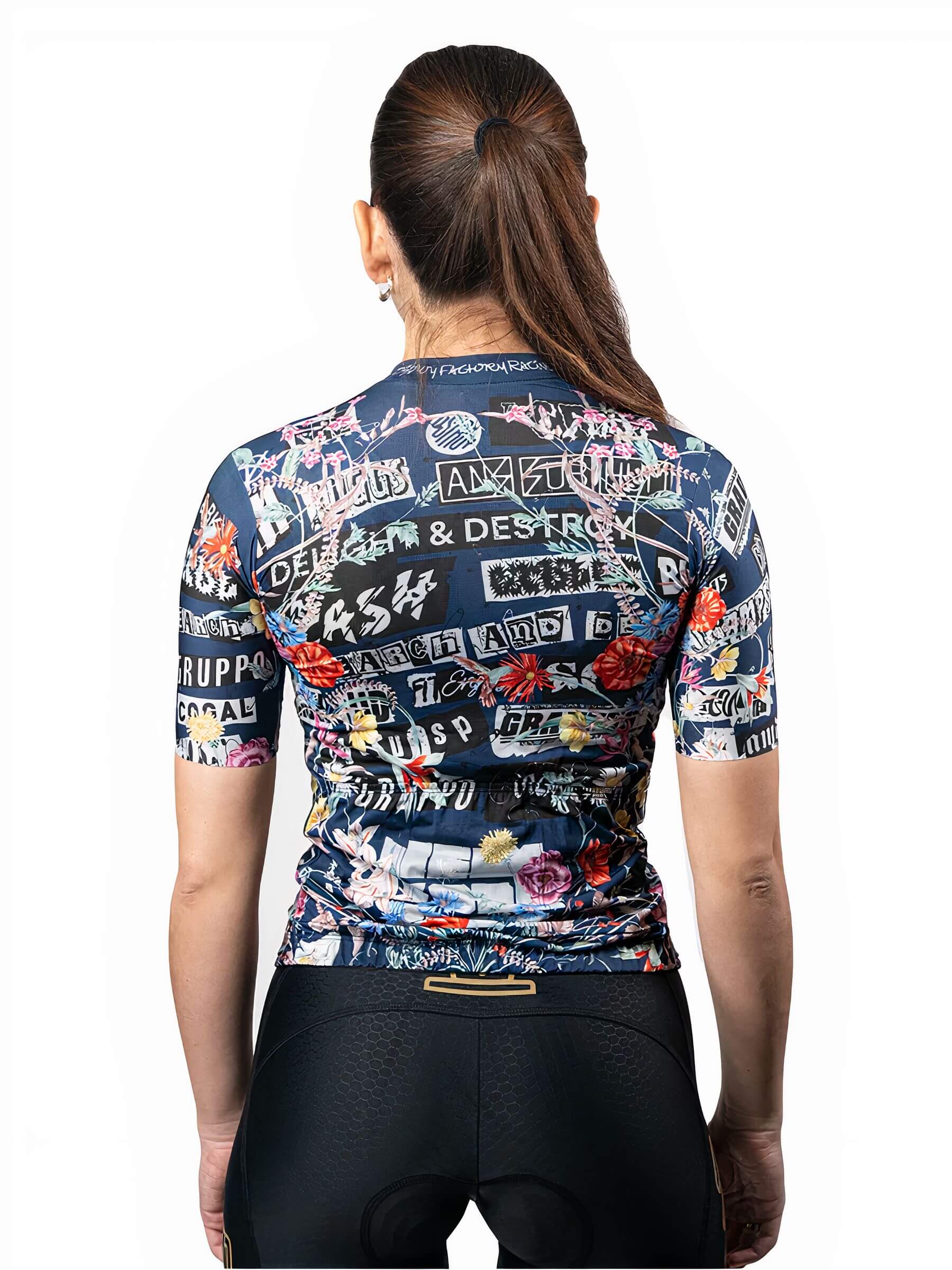 Rear view of woman wearing Ostroy Punk Flowers Women's Jersey featuring punk and floral design on race fit cut