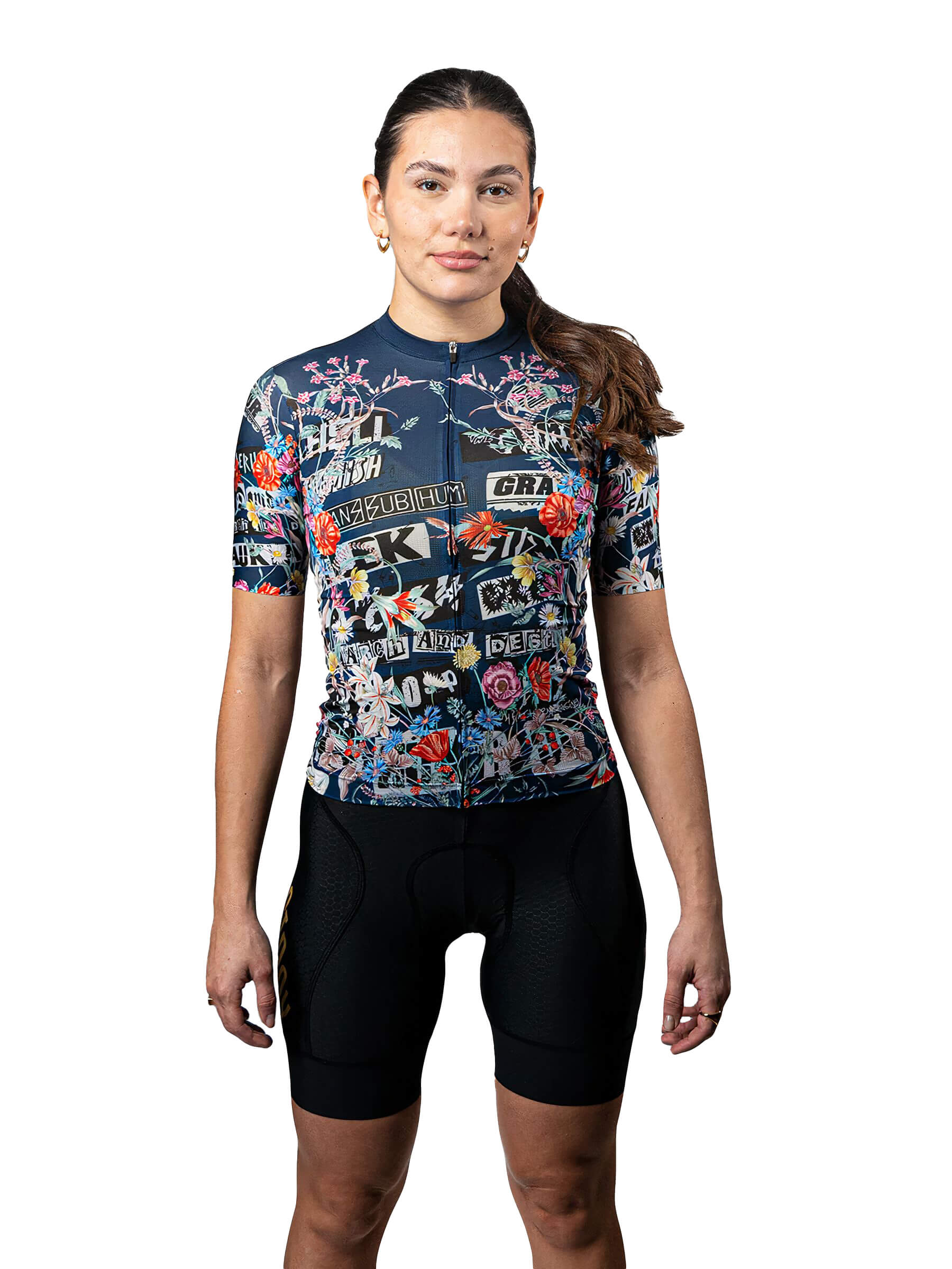 Woman wearing Ostroy Punk Flowers Women's Jersey with punk and floral graphic design and race cut fit against white background