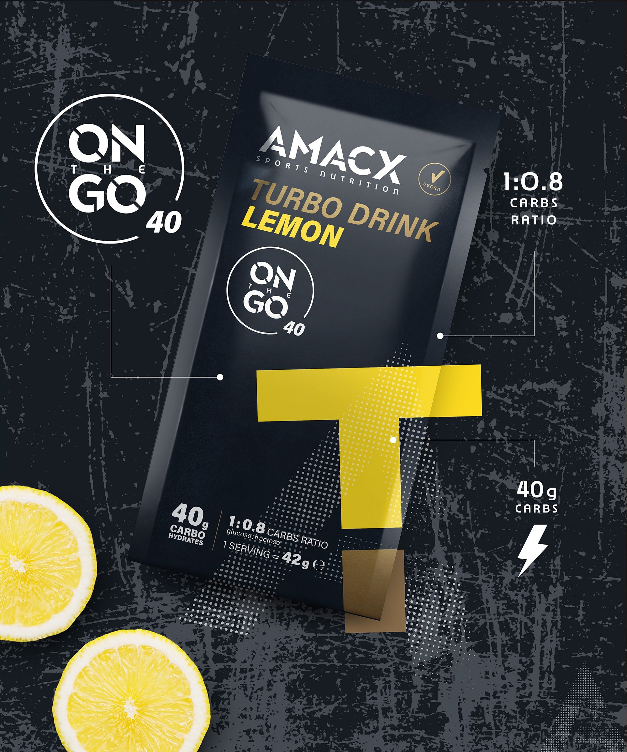 Amacx Turbo Drink On The Go Lemon packet with lemon slices and nutrition details on a dark textured background
