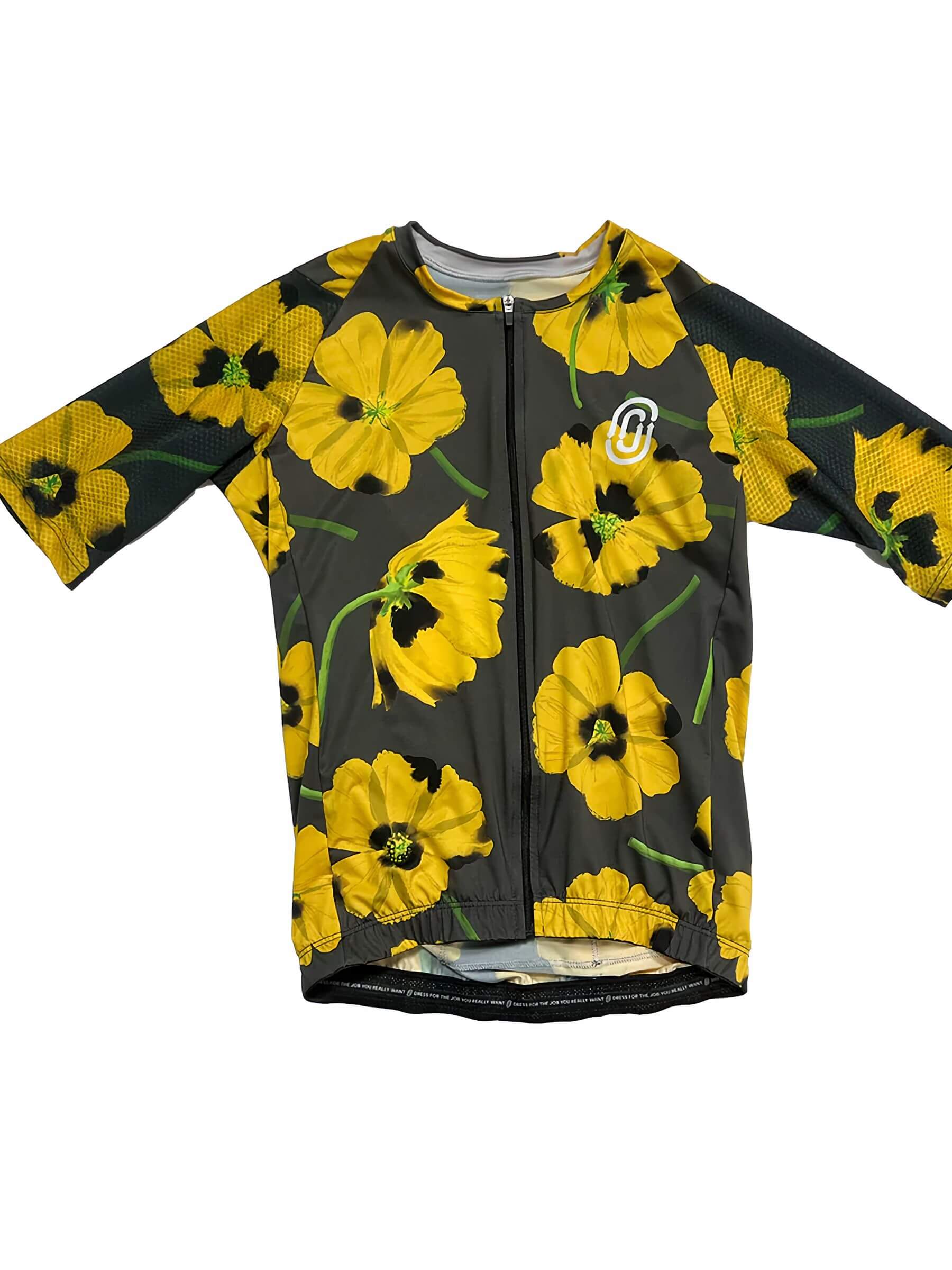 Ostroy Yellow Poppies Jersey - Men's with bold yellow poppy print and front zipper on a grey base with mesh sleeves.