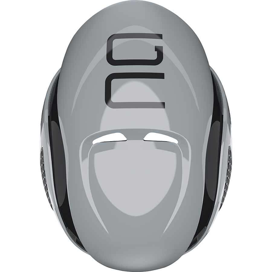 Top view of ABUS GameChanger Helmet in grey with aerodynamic design for professional cycling performance