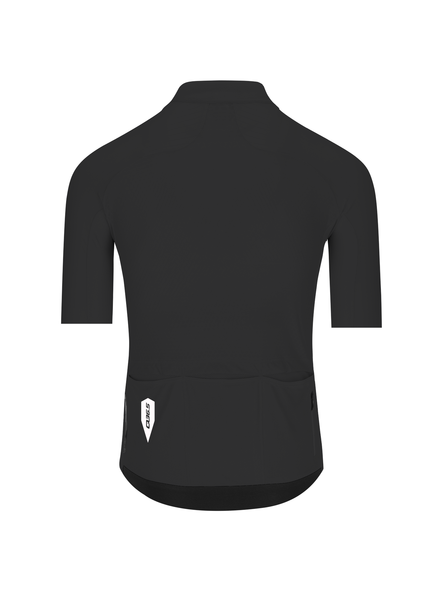 Back view of a sleek black cycling jersey with short sleeves and rear pockets for storage, Q36.5 Gregrarius Pro Jersey - Men's - Jet Black