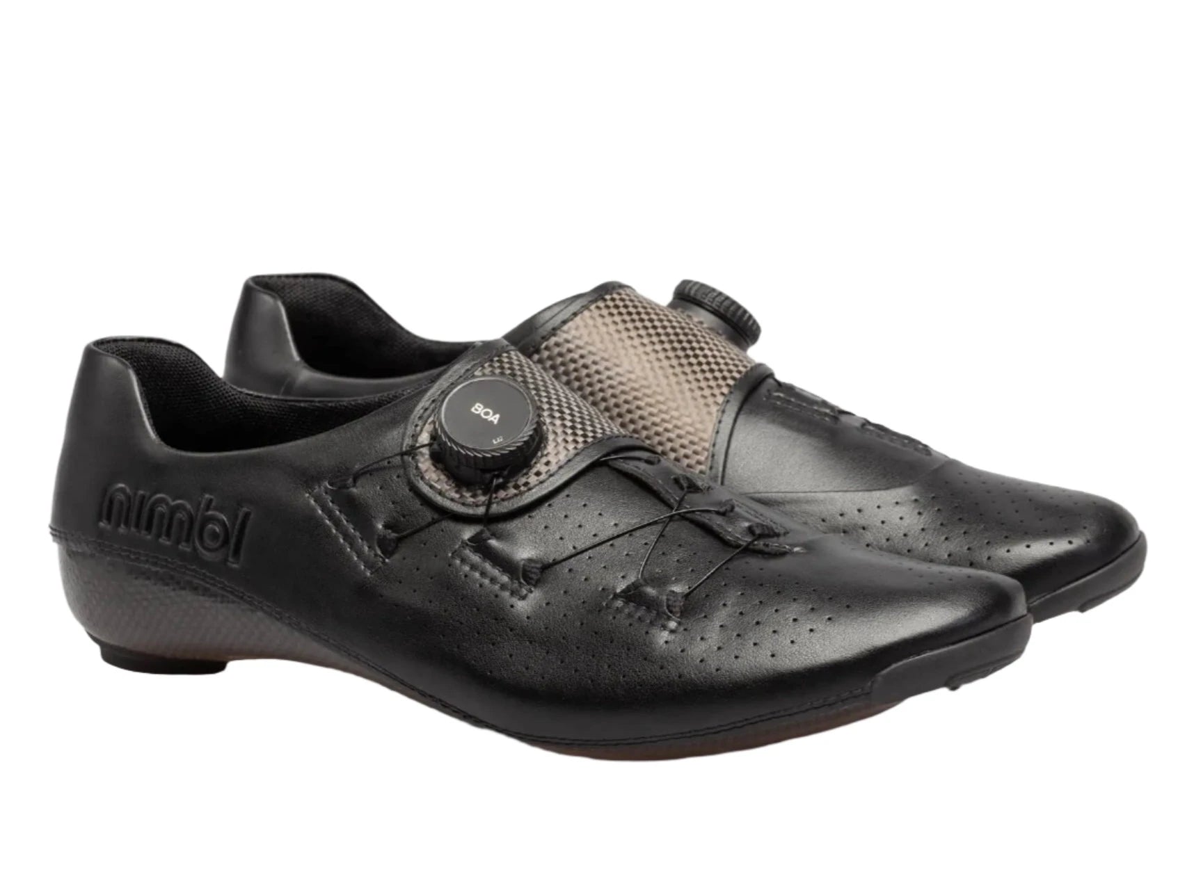 Side view of black Nimbl FEAT Ultimate cycling shoes featuring BOA dial and perforated upper panels for ventilation