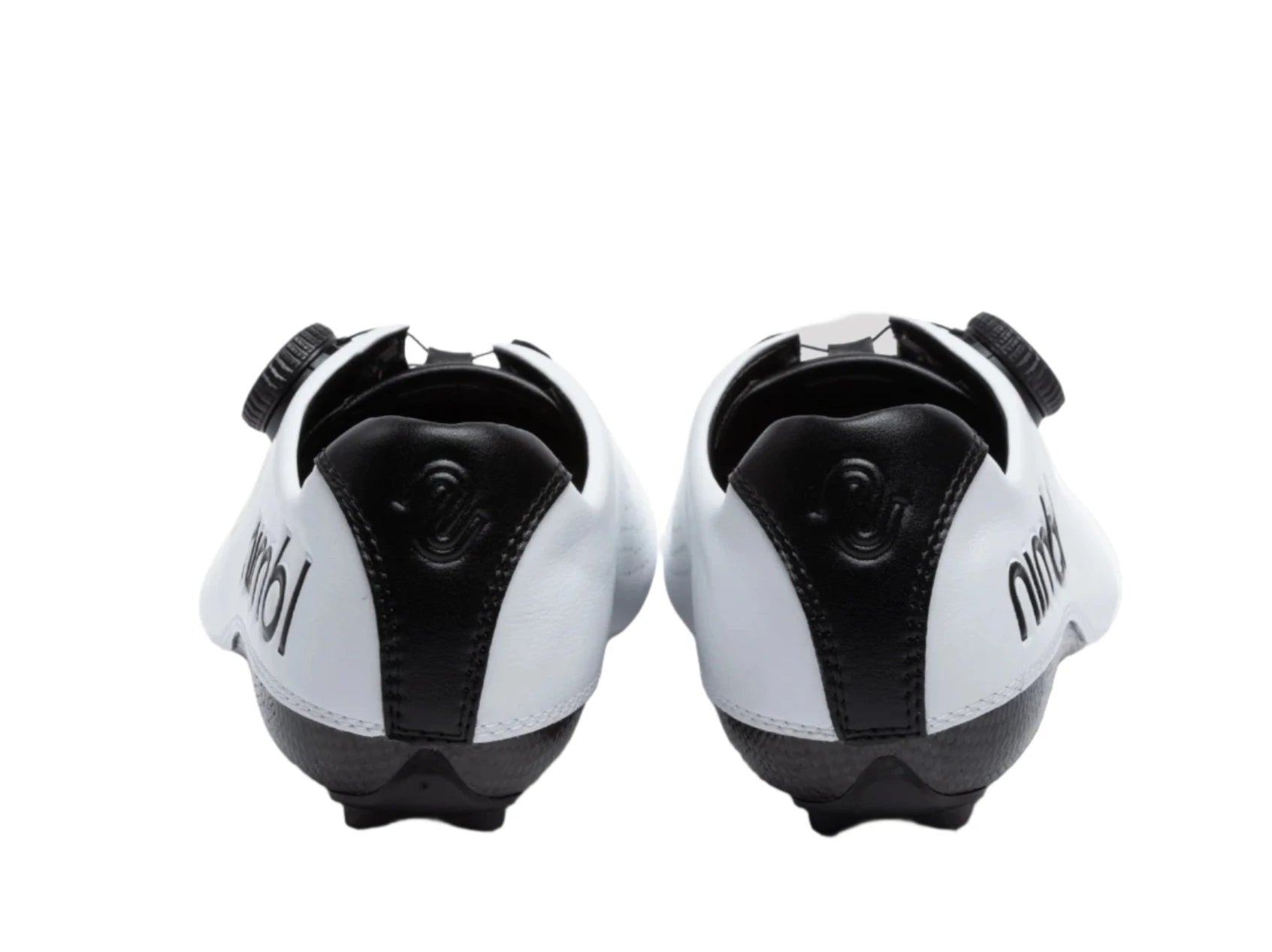 Rear view of Nimbl FEAT cycling shoes in white with black heel detail and secure closure system for performance and comfort