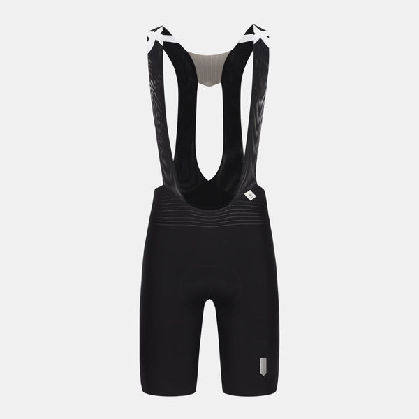 Q36.5 Unique Pro Bib Shorts - Men's - Black cycling shorts with mesh straps and padded seat area designed for comfort and performance.