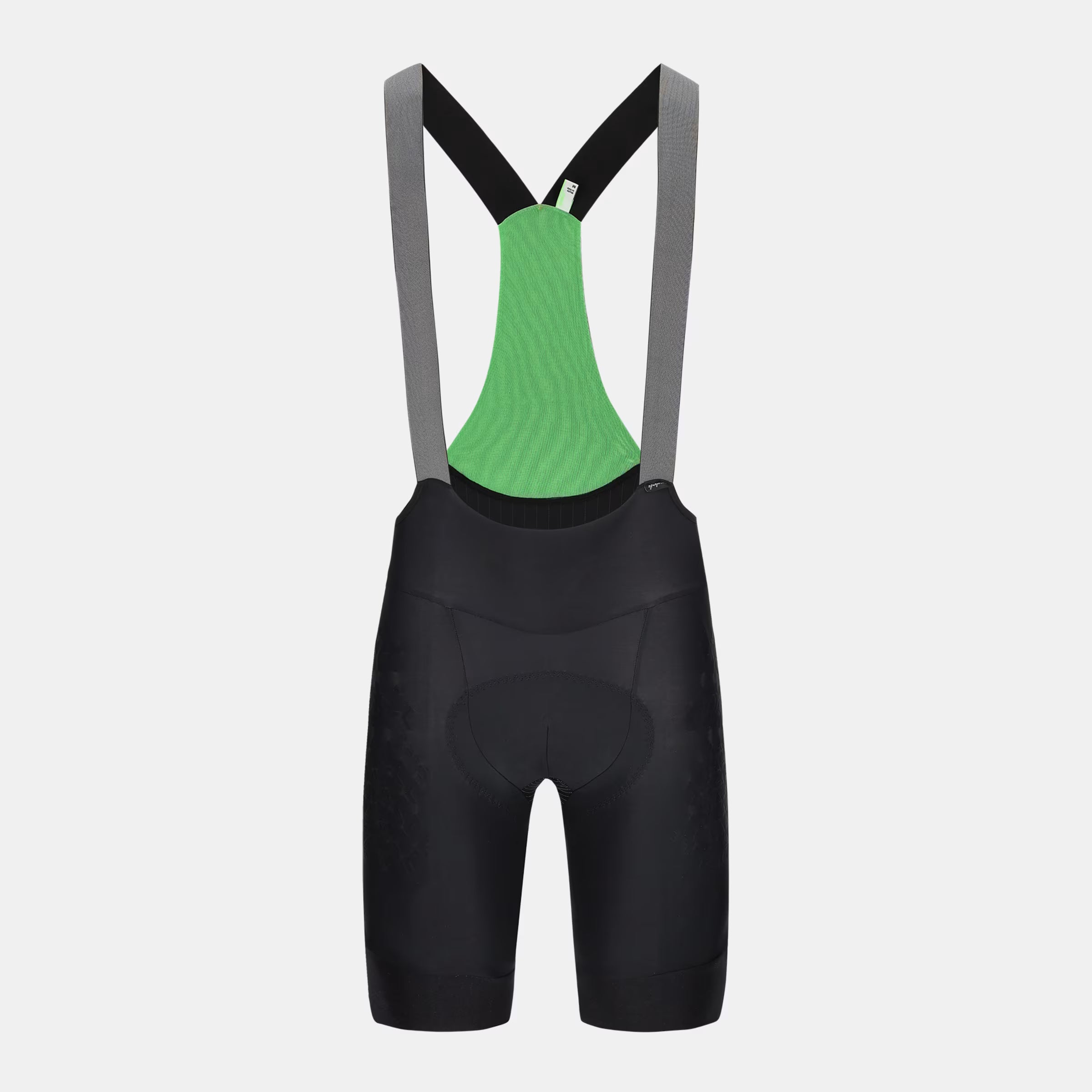 Q36.5 Gregarius Grid Skin Bib Shorts - Men's - Black showing back view with green mesh and supportive straps
