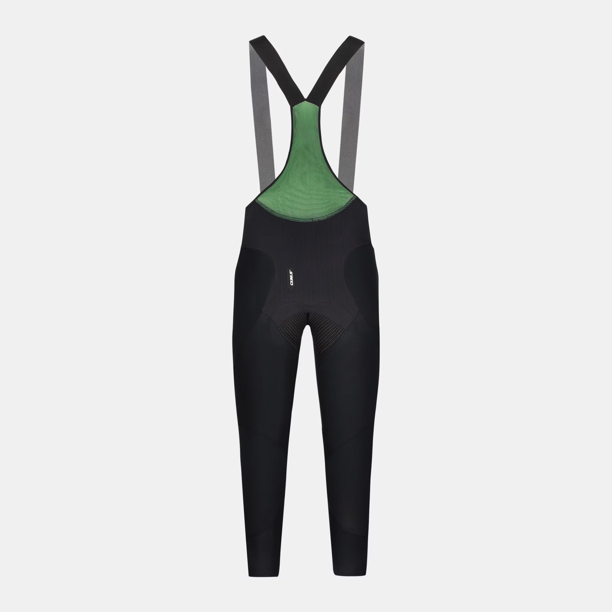 Q36.5 Gregarius Essential Bib Knickers - Men's - Black rear view with breathable green mesh bib and ergonomic fit details