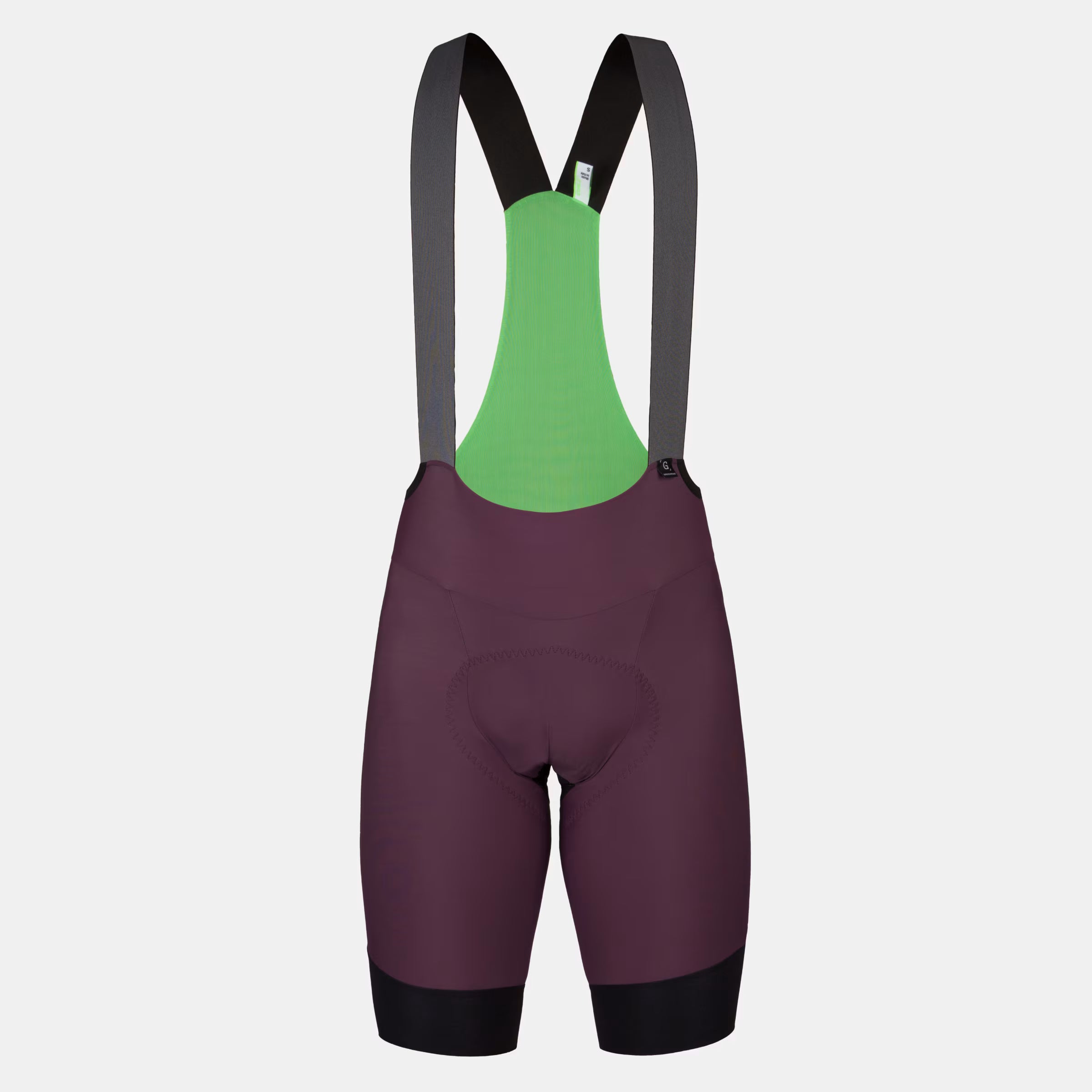 Q36.5 Gregarius Pro Bib Shorts Mod24 - Men's - Langhe Red front view with green mesh upper and padded seat panel