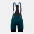 Q36.5 Gregarius Pro Bib Shorts - Women's - Australian Green shown from front with contrasting black and blue straps and padded seat