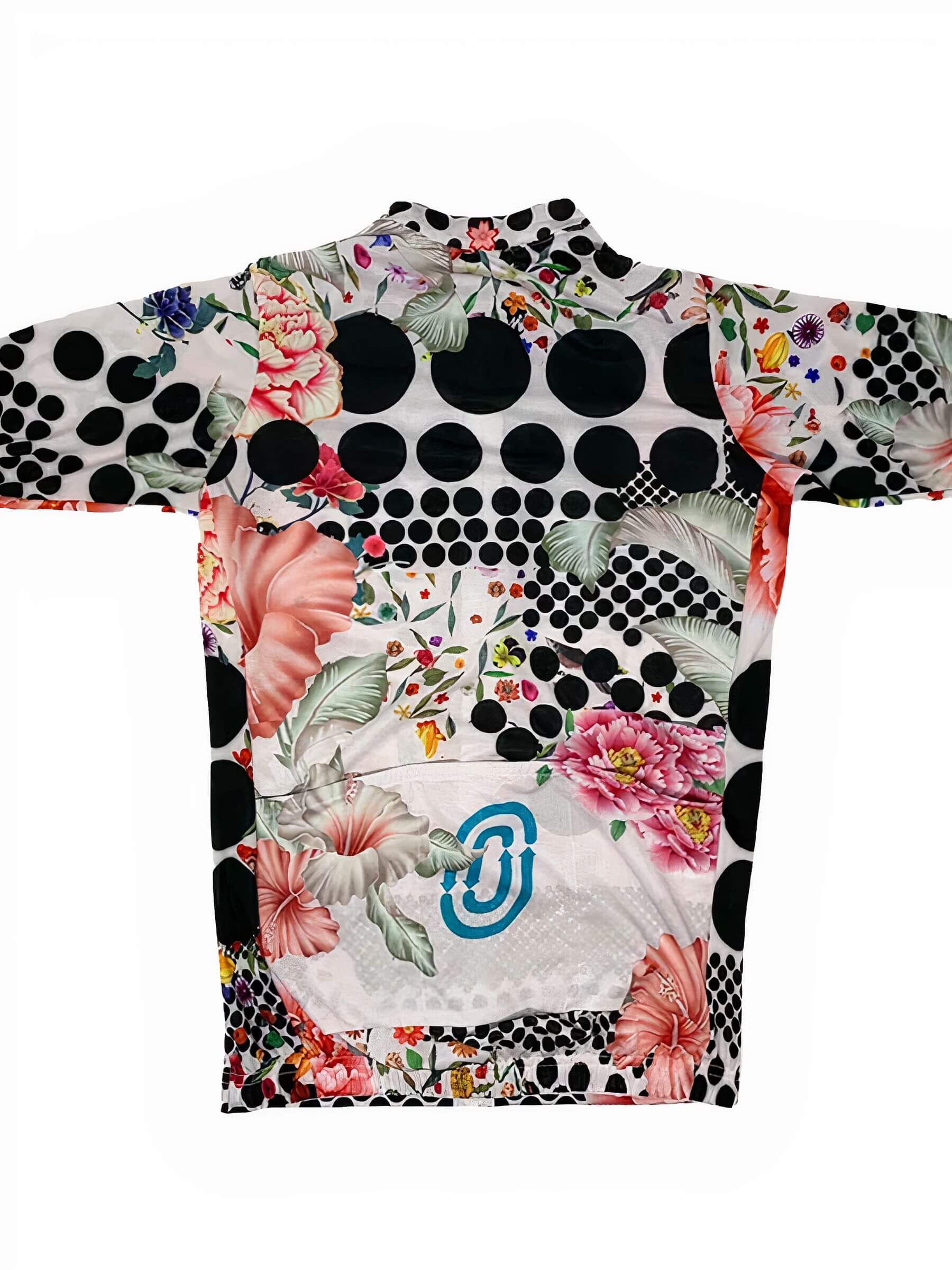 Back view of Ostroy Omloop White Jersey - Men's featuring floral and black polka dot design with rear pockets